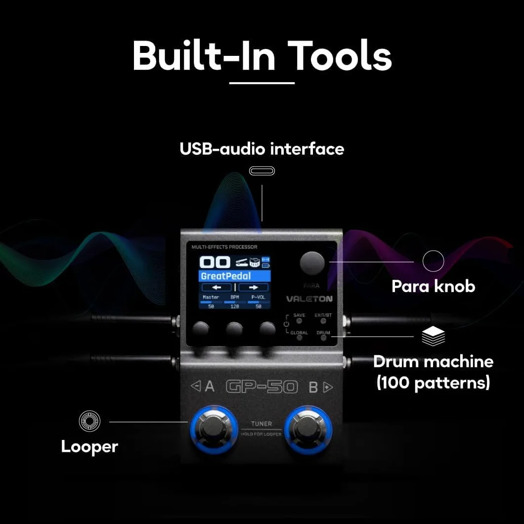 Valeton GP-50 SnapTone procesador multiefectos para guitarra con Neural Amp Modeler, cargador IR, interfaz de audio USB, caja de ritmos, looper, Bluetooth, 100+ efectos