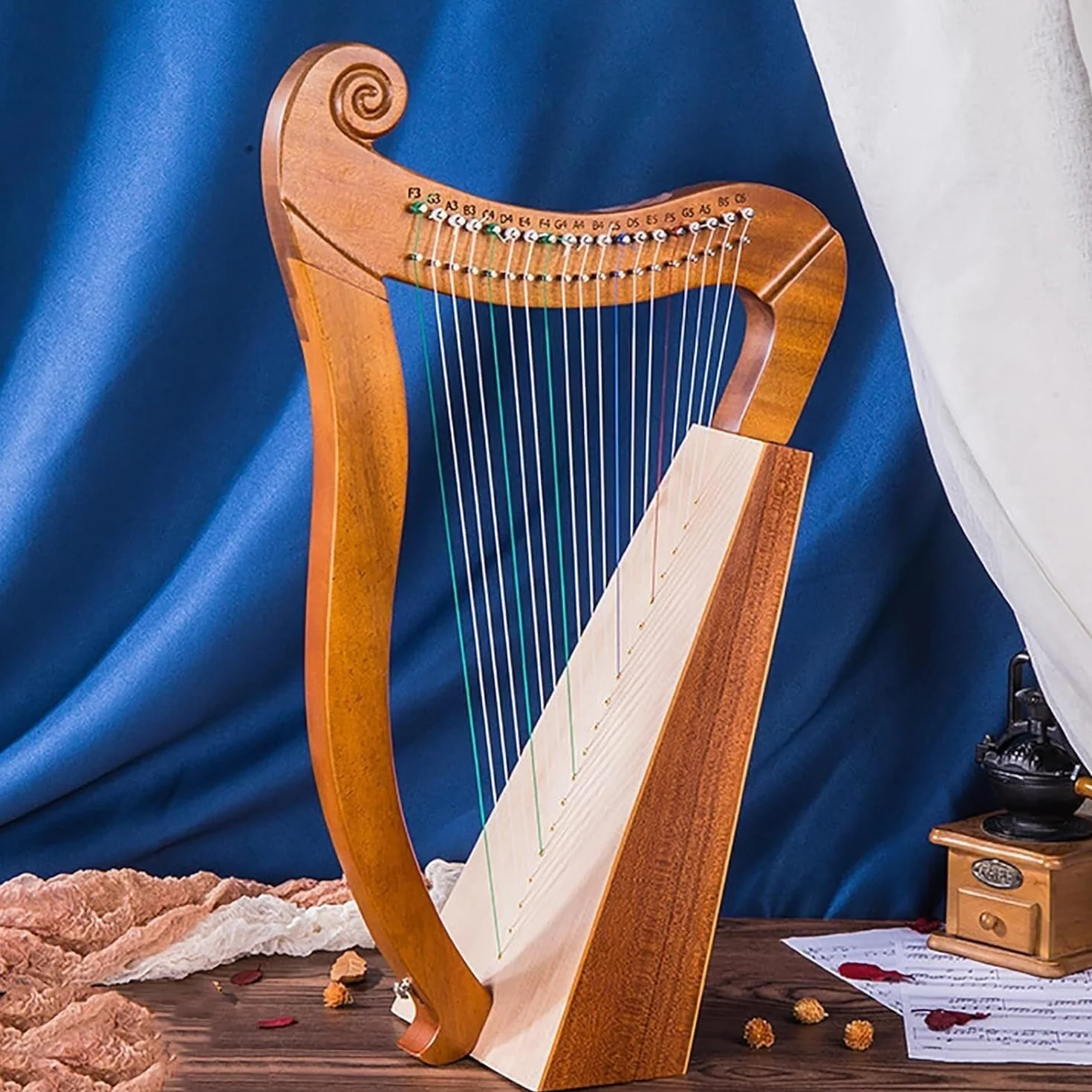 Arpa irlandesa celta, 19 cuerdas, arpa de palanca de madera de caoba, 3 agujeros de sonido, con llave de afinación y bolsa, para resonancia rica, para adultos, principiantes y músicos profesionales