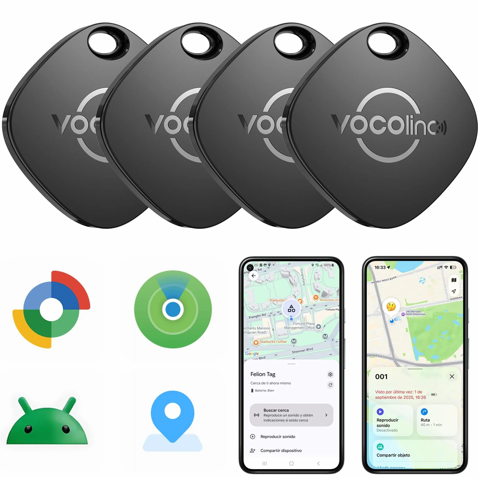 VOCOlinc Android Tag Smarttag 4 Pack, Bluetooth Item Tracker para Llaves, Cartera, Bicicleta, Maleta, Batería Reemplazable