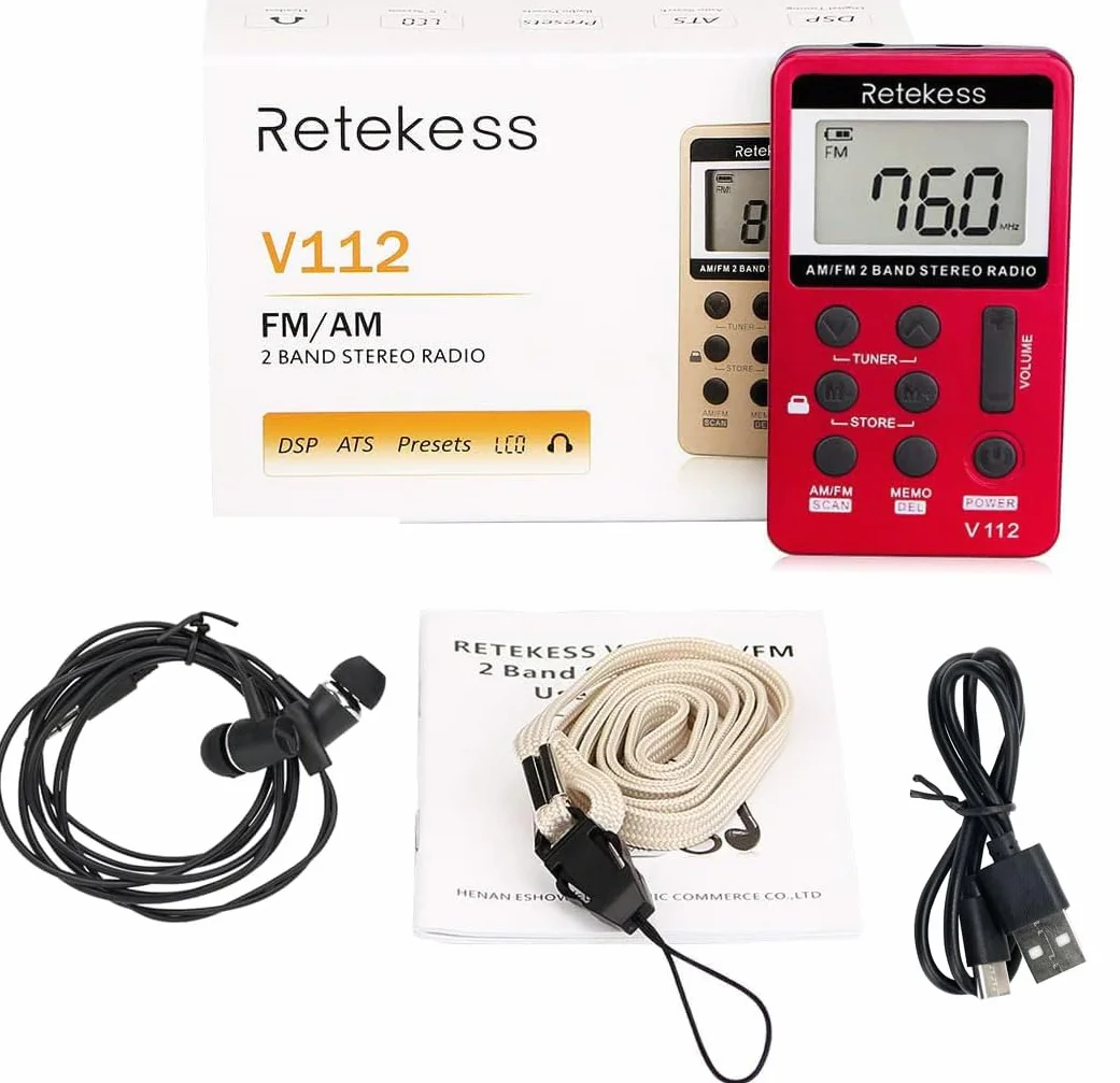Retekess V112 Radio Portátil Pequeña,Mini Receptor de Sintonizador Digital Am FM,Batería Recargable,con Auriculares,Temporizador de Apagado,Adecuado para Correr,Viajar,Pescar(Rojo)