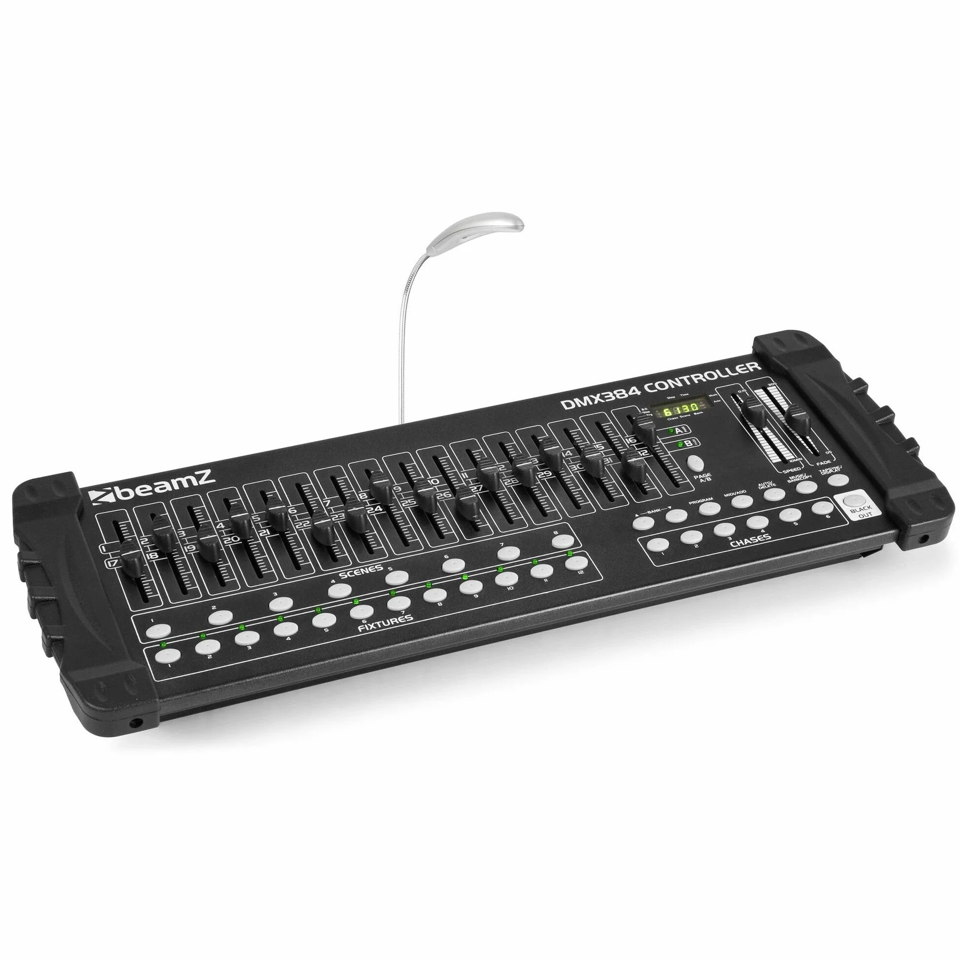 BeamZ DMX384 Controlador DMX de 384 canales (entradas MIDI USB, 30 bancos con 9 escenas programables, 6 chases, 16 faders, control luces profesional)