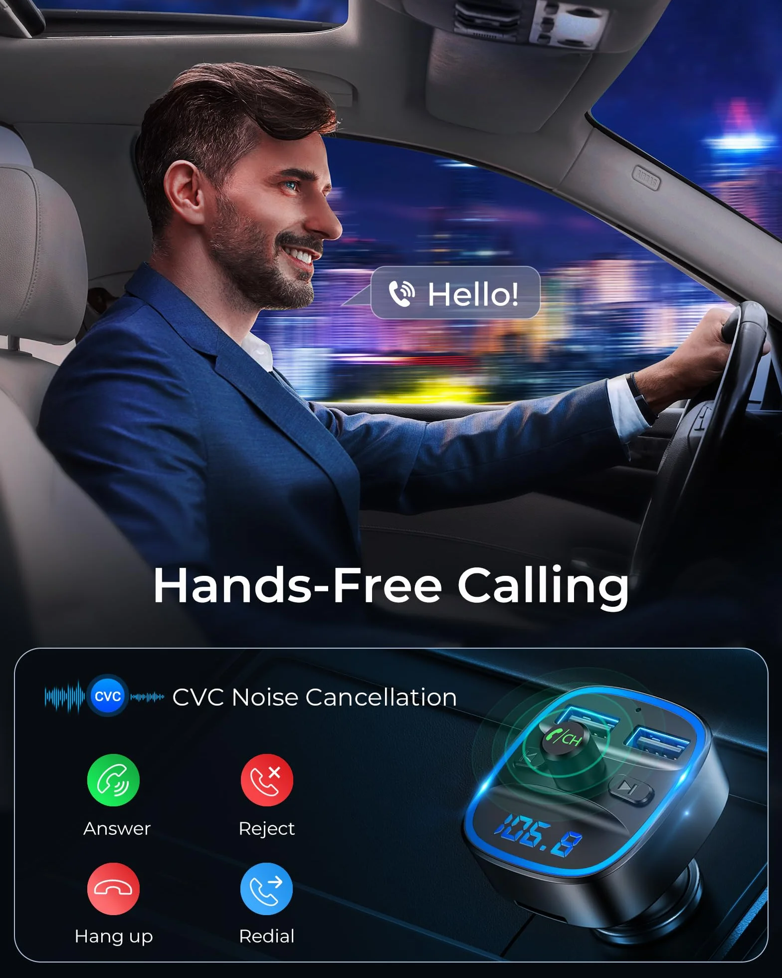 LENCENT Transmisor FM Bluetooth Coche Manos Libres Inalámbrico Reproductor MP3 Adaptador Radio Dual USB 5V/2.4A 1A SD USB