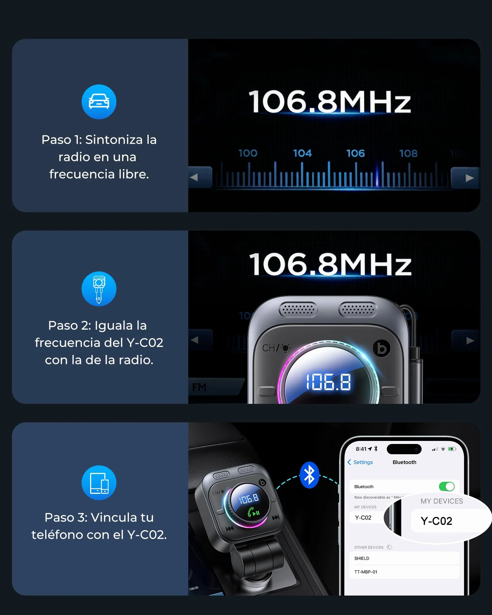 LENCENT Transmisor FM Bluetooth 5.4 con Carga Rápida 72W, Adaptador de Coche con Cable USB-C Extensible de 72 cm, Manos Libres con Graves Potentes, Reproductor de Música USB para Viaje por Carretera