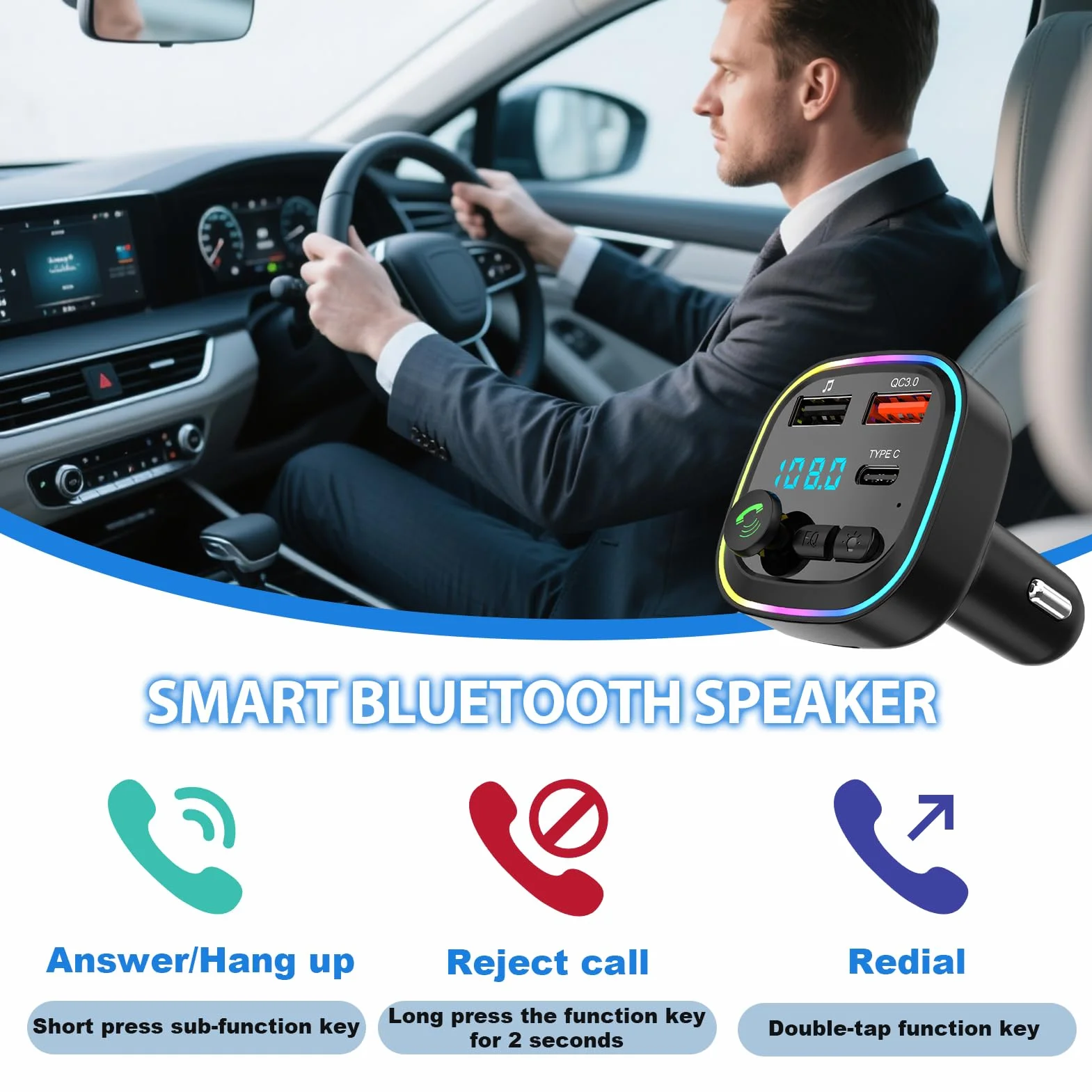 Transmisor FM Bluetooth para Coche, Adaptador de Manos Libres con 2 USB 5V/3A, QC 3.0+Tipo C 20W PD, Llamadas Manos Libres, MP3 Estéreo Música Coche