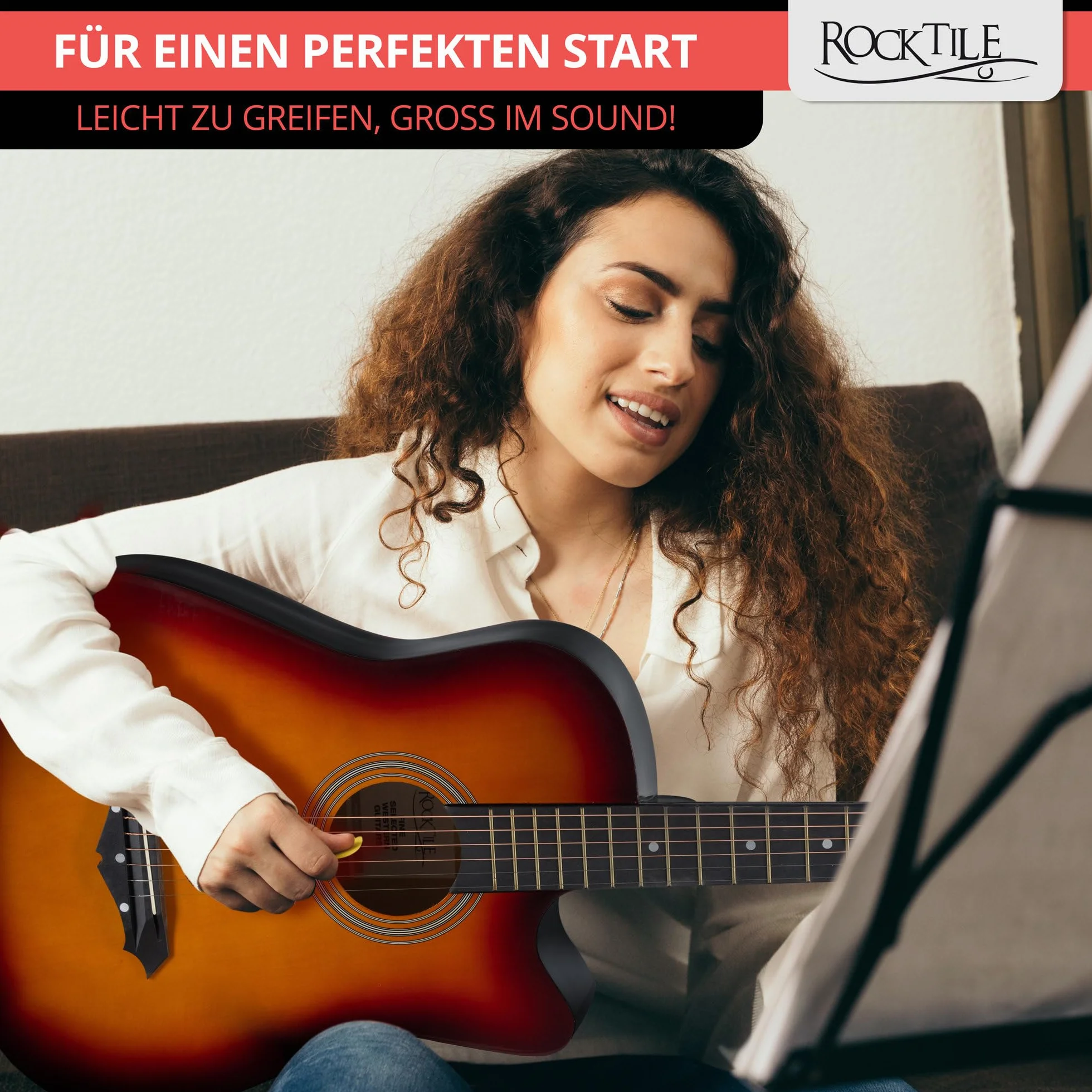 Rocktile WSD-5C-SB Slim Line Westerngitarre Set – Dreadnought Akustikgitarre mit Linde-Korpus, Catalpa-Hals, inkl. Tasche, Ersatzsaiten, Gurt & Plektren – Sunburst.