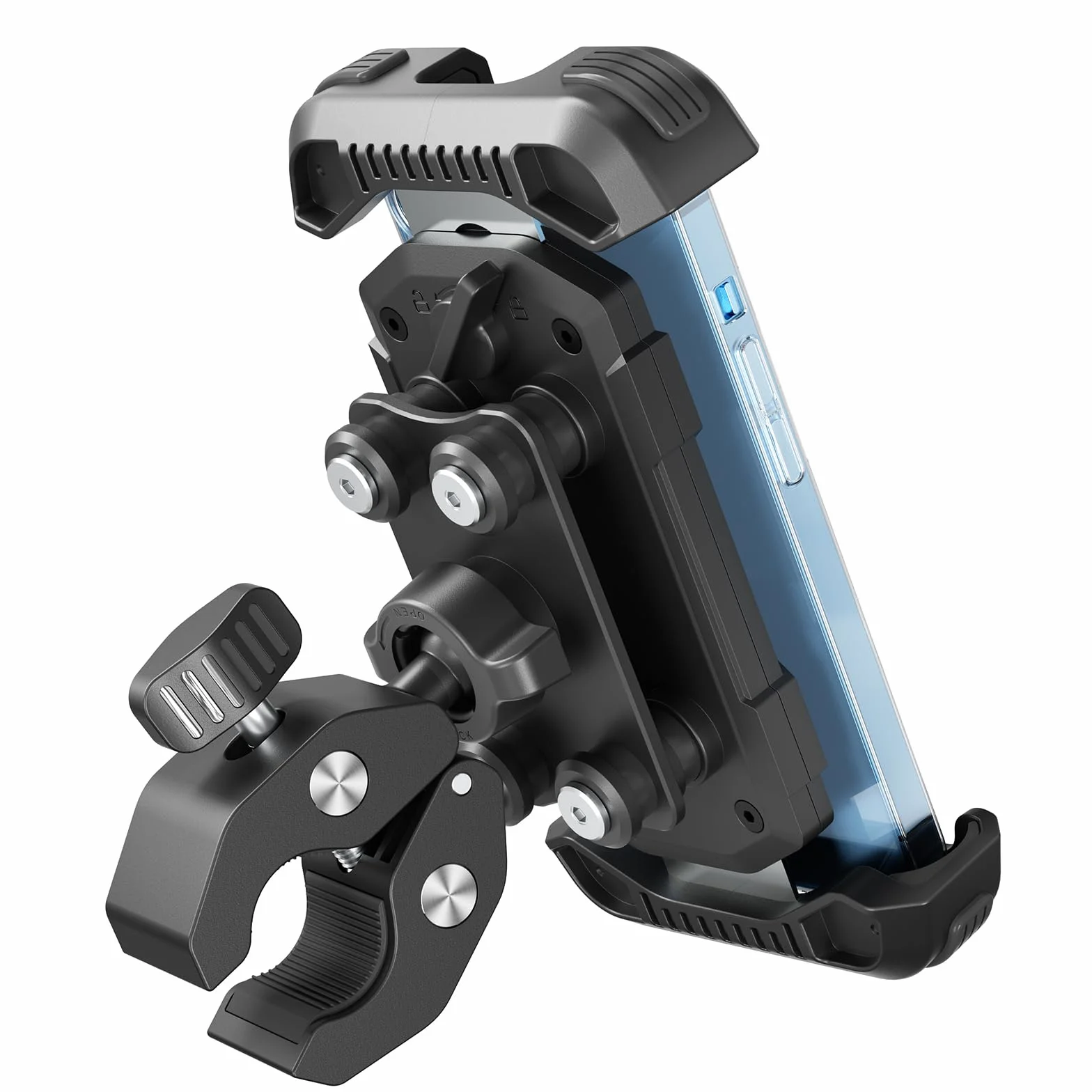tounee Soporte para teléfono de Motocicleta Doble Amortiguador de Vibraciones Clip de Manillar sin Herramientas Cierre Seguro para iPhone 16/15 Pro MAX 4.7-6.7" Negro