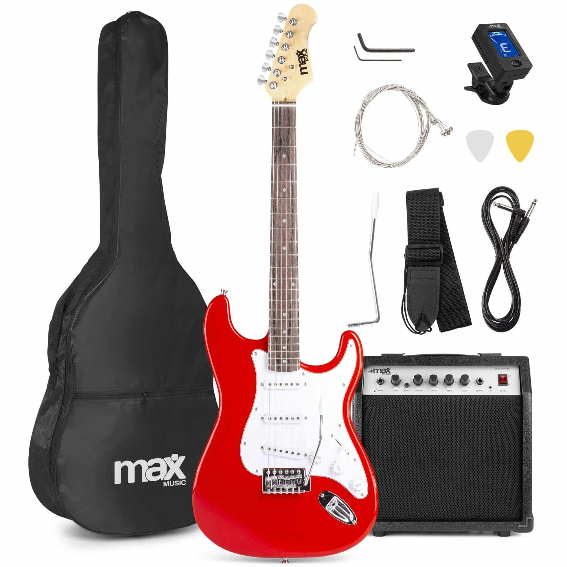 MAX GigKit kit de guitarra eléctrica, soporte de guitarra, amplificador de guitarra de 40W, afinador de guitarra, funda de guitarra, cable de instrumento, correa de guitarra y mas accesorios - Rojo