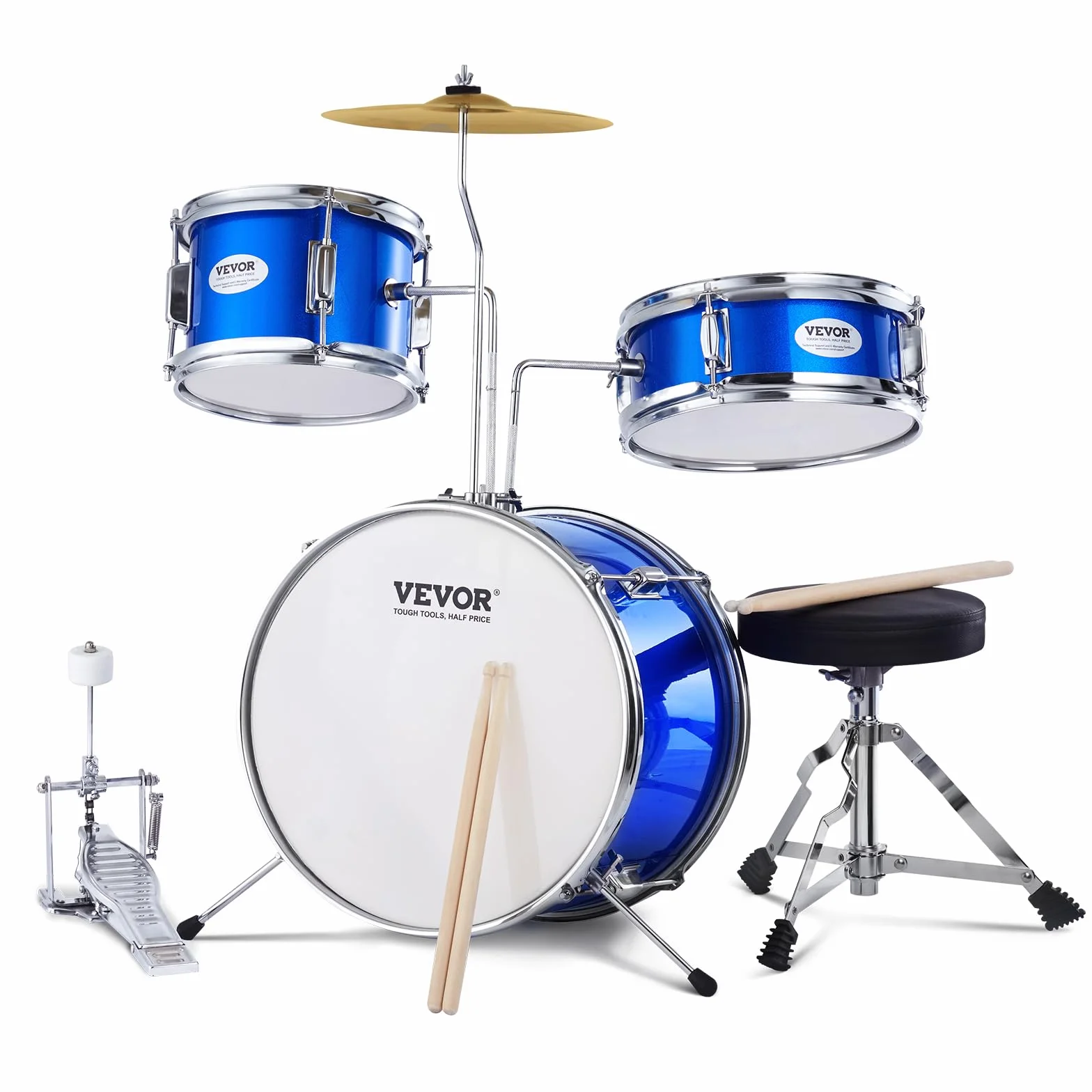 VEVOR Juego de Batería para Niños, 3 piezas, Juego de Batería para Principiante con Pedal de Platillo de Trono Ajustable dos Pares de Baquetas, Tom, Caja, Bombo, Kit de Batería de Iniciación, Azul