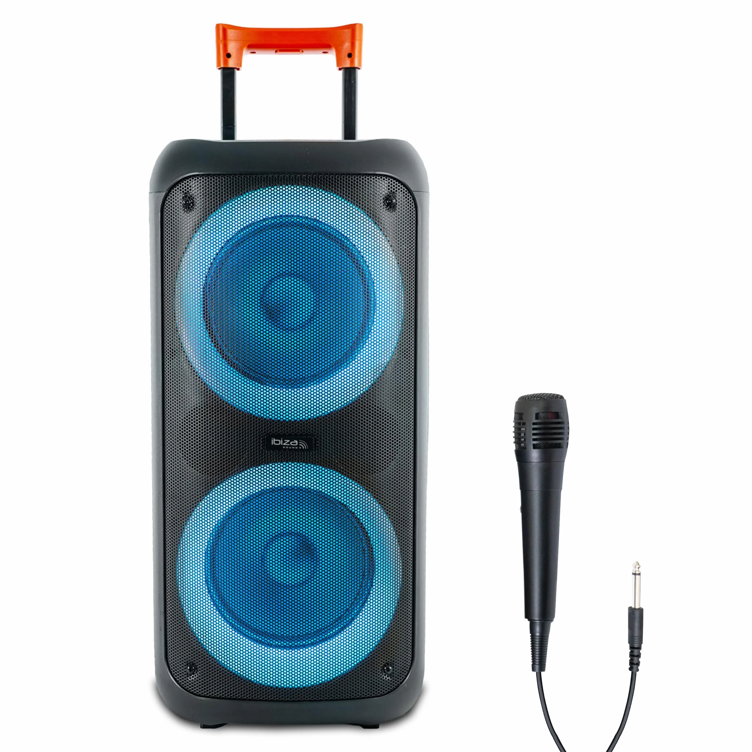 Ibiza ERIS400 Altavoz Bluetooth portátil con batería y LED – 2 woofers iluminados – TWS – USB, MicroSD, AUX – Micrófono con Cable Incluido – Trolley, Ruedas – Ideal para Fiestas y Karaoke