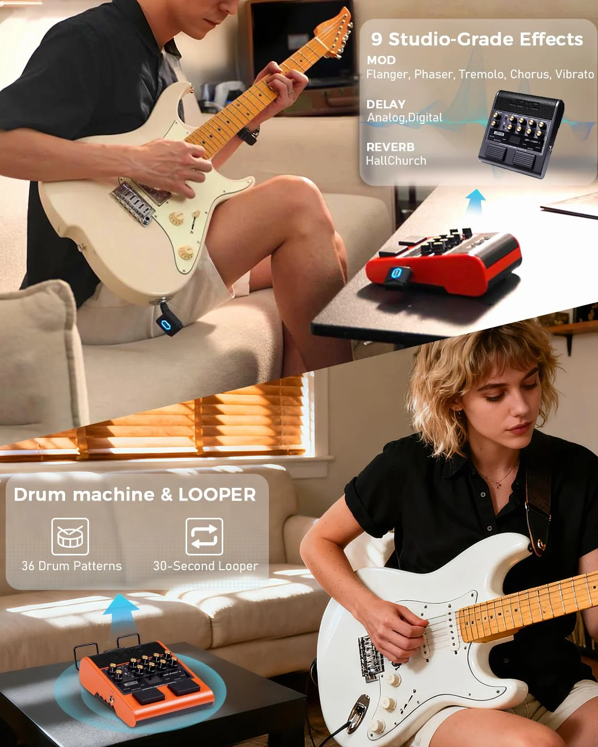 JOYO Amplificador Combo de Guitarra, 10 W, portátil, con pedal de efectos múltiple – 14 modelos de amplificación, ecualizador de 3 bandas, 36 ritmos y looper, grabación OTG, Bluetooth (Jam Buddy II