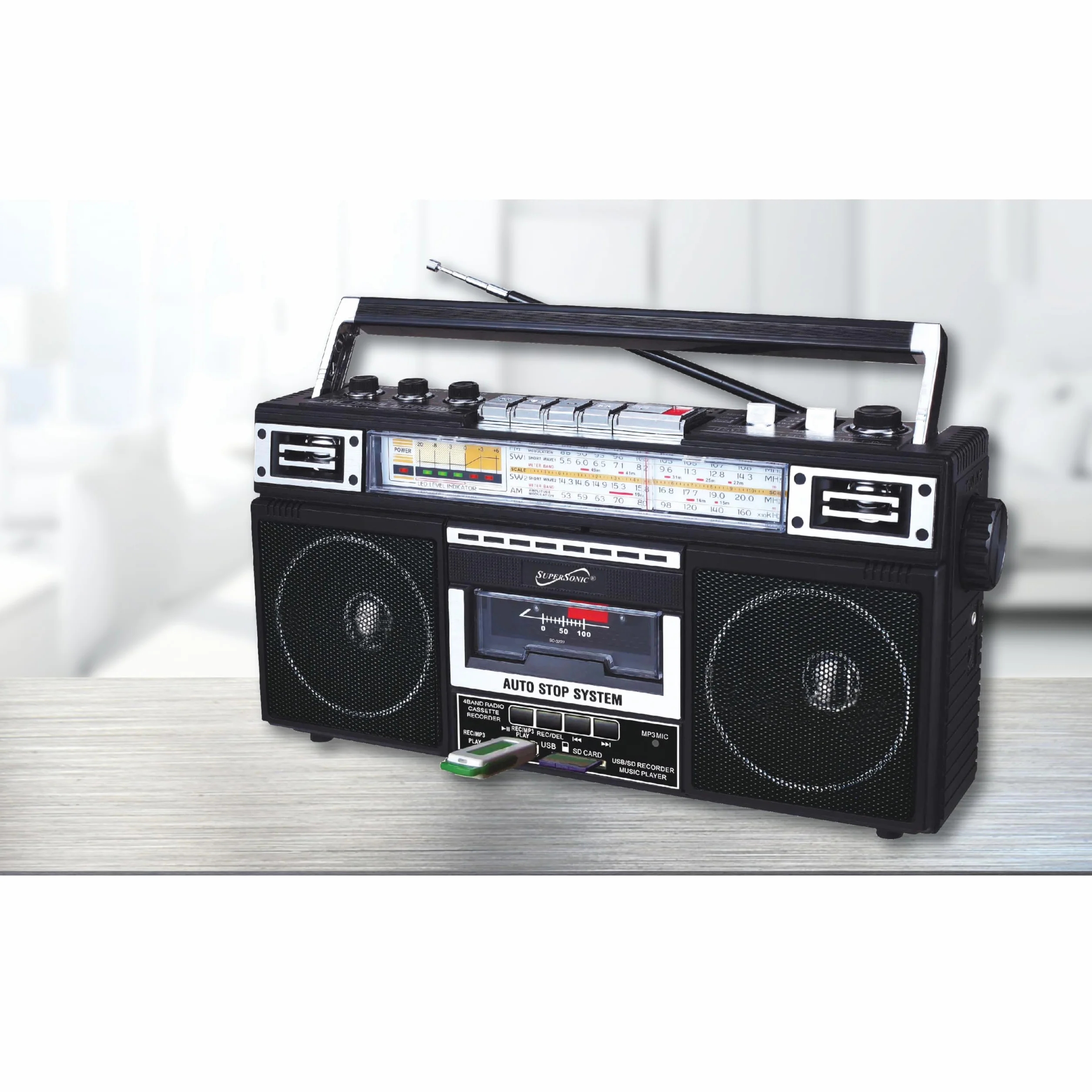 Supersonic SC-3201BT - Radio de 4 Bandas y Reproductor de Casete Boombox, Altavoz Bluetooth, Radio Am/FM/SW con reproducción de MP3, USB y Tarjeta SD, Ecualizador de 3 Bandas y Conector para