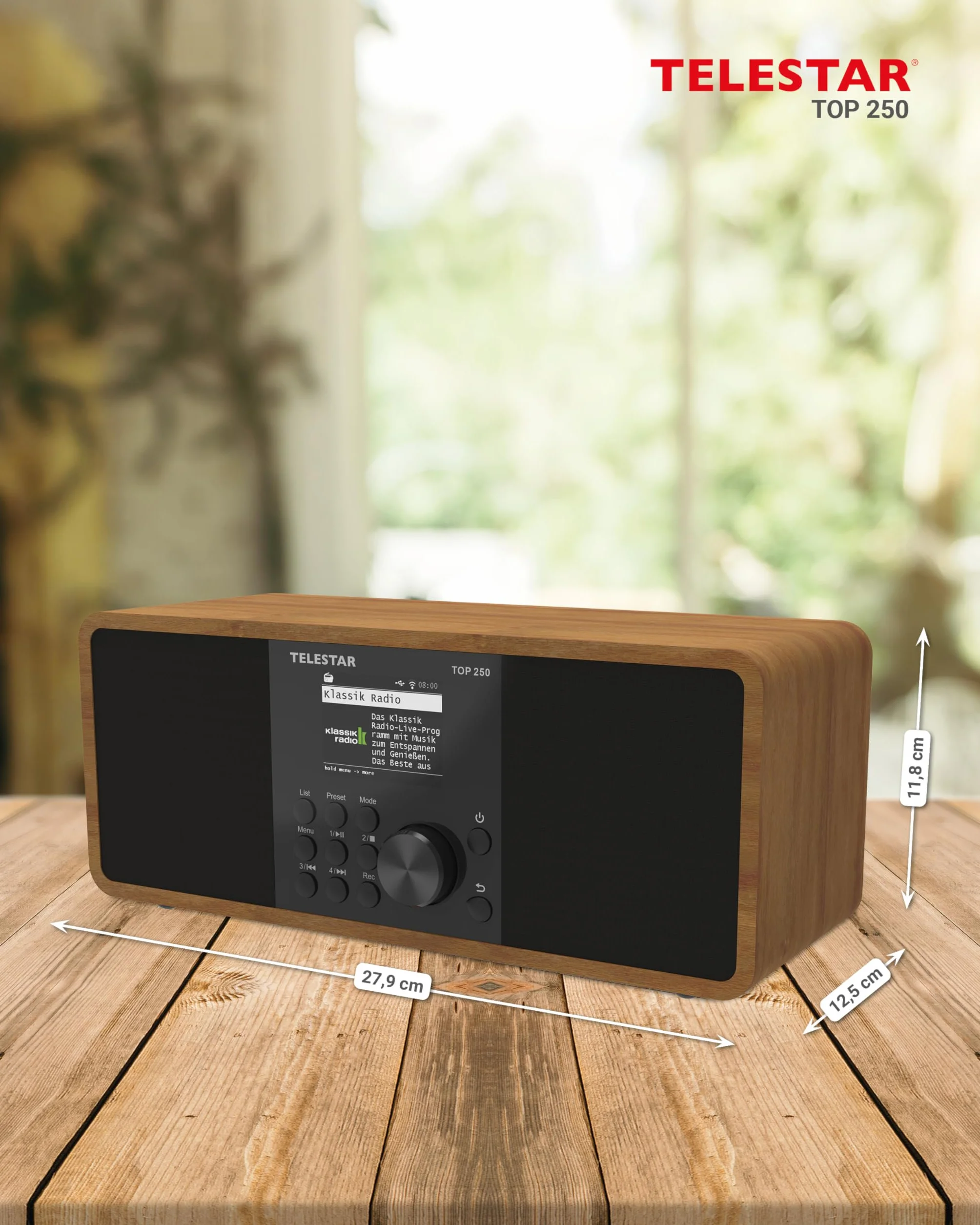 TELESTAR Top 250 – Dab+/Radio por Internet (estéreo, 2 × 10 W, Bluetooth Audio-Streaming & función de envío, grabación USB, Sistema de Emergencia, Control por App) – Madera