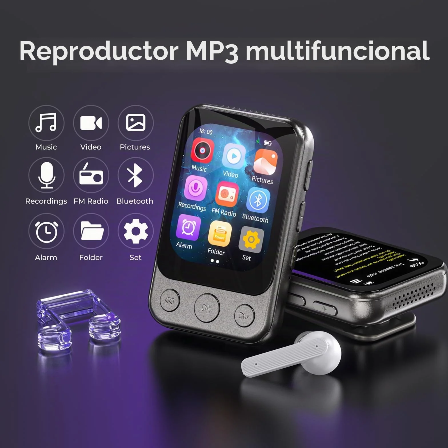 64GB Reproductor MP3 Bluetooth 5.3 con Clip y Altavoz, Reproductor de Música Deportivo con Pantalla Táctil y Botones, Control de Volumen Independiente, Radio FM, Ampliable hasta 128GB