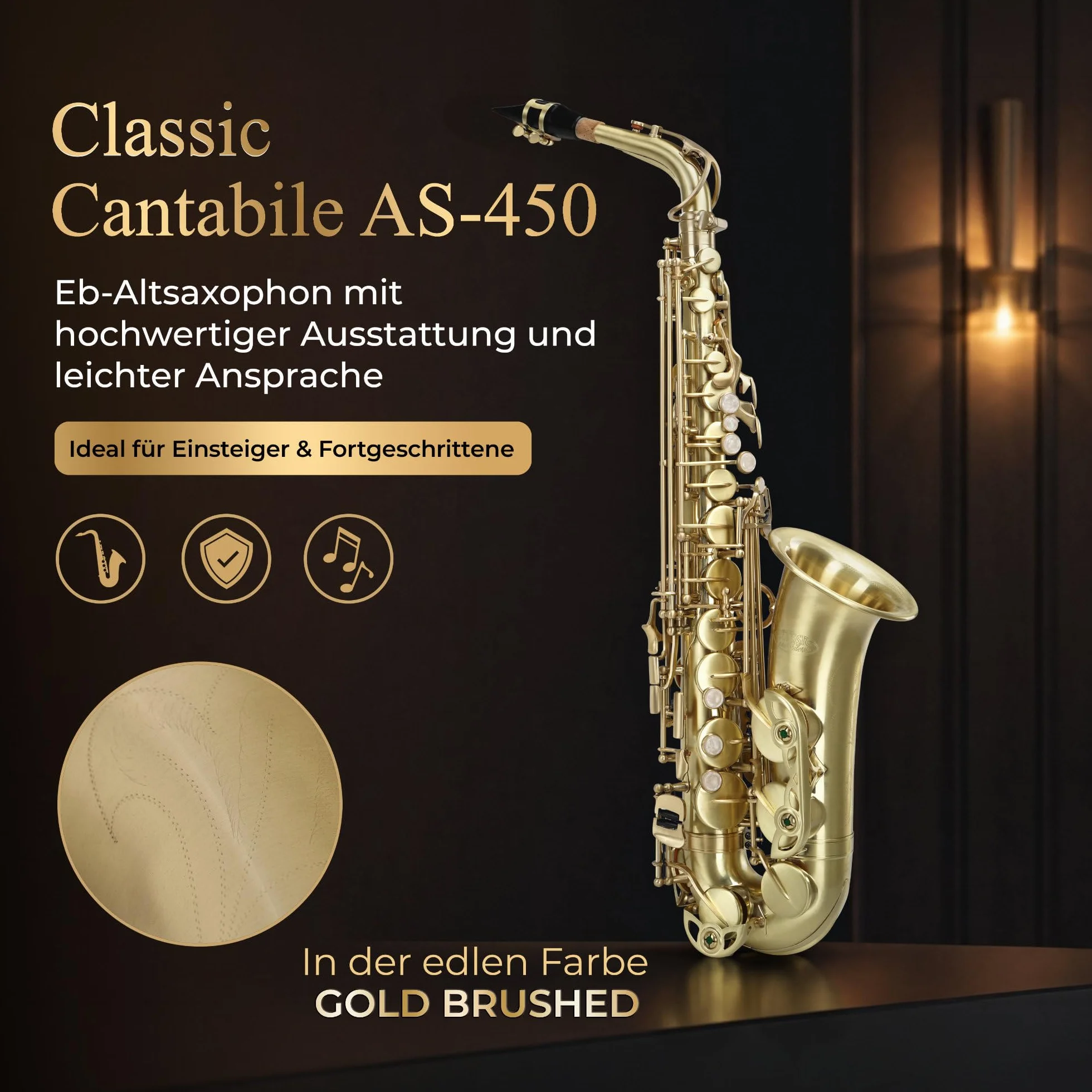 Classic Cantabile Winds AS-450 Saxofón Alto Eb Cepillado (Saxofón Alto, latón cepillado mate, afinación Eb, llave de Fa alto, mecánica de llaves muy ergonómica)