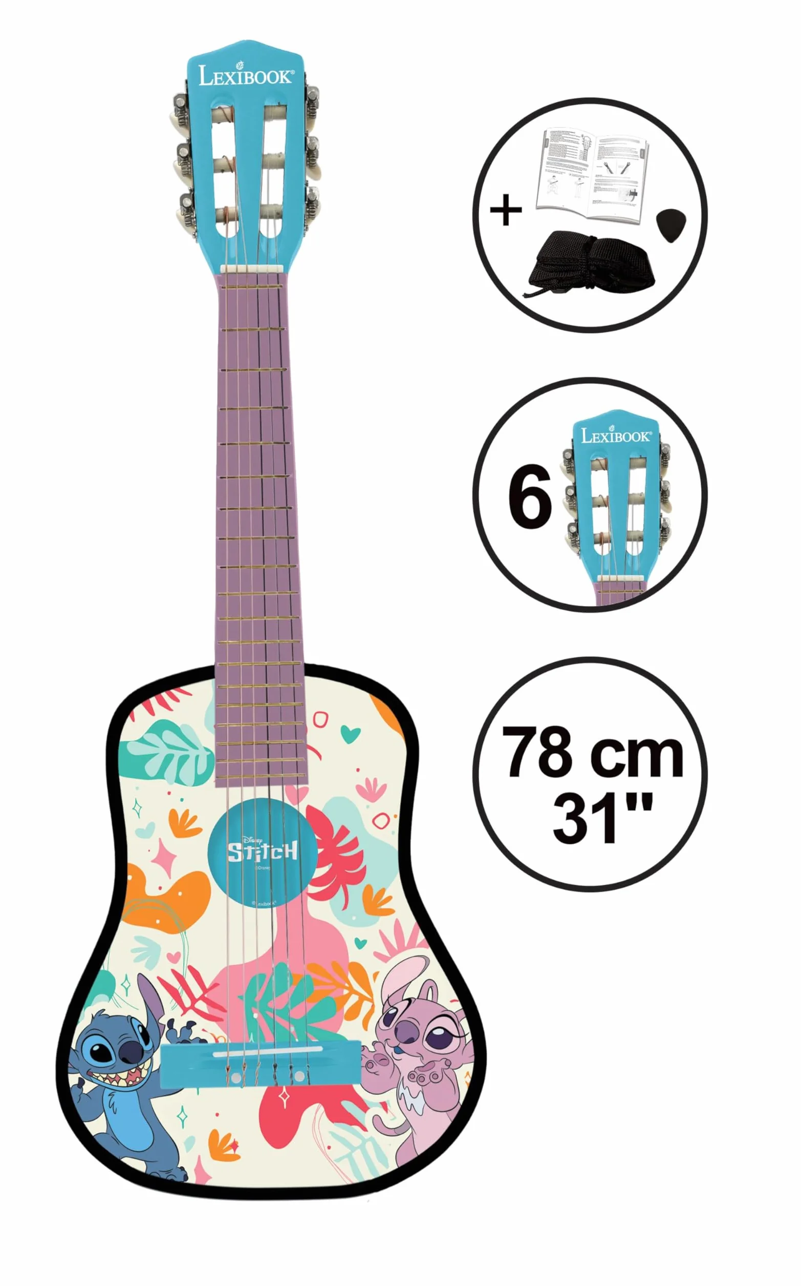 Lexibook, Disney Stitch, Mi Primera Guitarra acústica de Madera, 6 Cuerdas de Nylon, 78 cm (30"), Guía de Aprendizaje, púa y Correa Incluidas, Azul, K2000DLXB