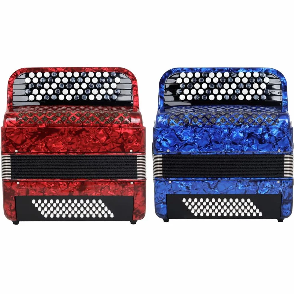 37 teclas, 60 teclas de bajo, estilo profesional de mano Bayan, cuerpo de xilófono sólido, dos colores rojo y azul, fuelle de cuero, patrón de pintura de piano de superficie, adecuado for principiante