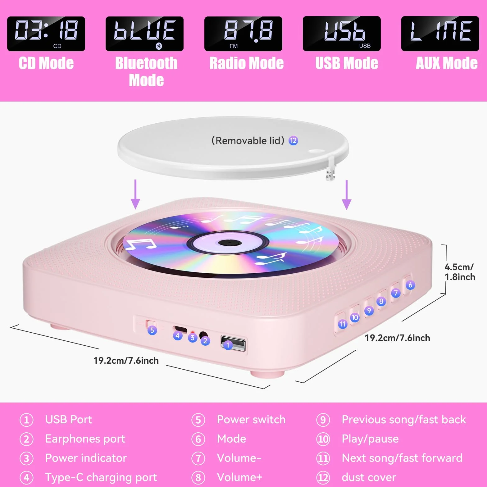 Gueray Reproductor de CD Portátil Bluetooth 1800mah Reproductor de CD Adecuado para Reproductores de CD Domésticos con Altavoces Dobles, Radio FM, Remoto, Puerto de Auriculares USB AUX-Rosa