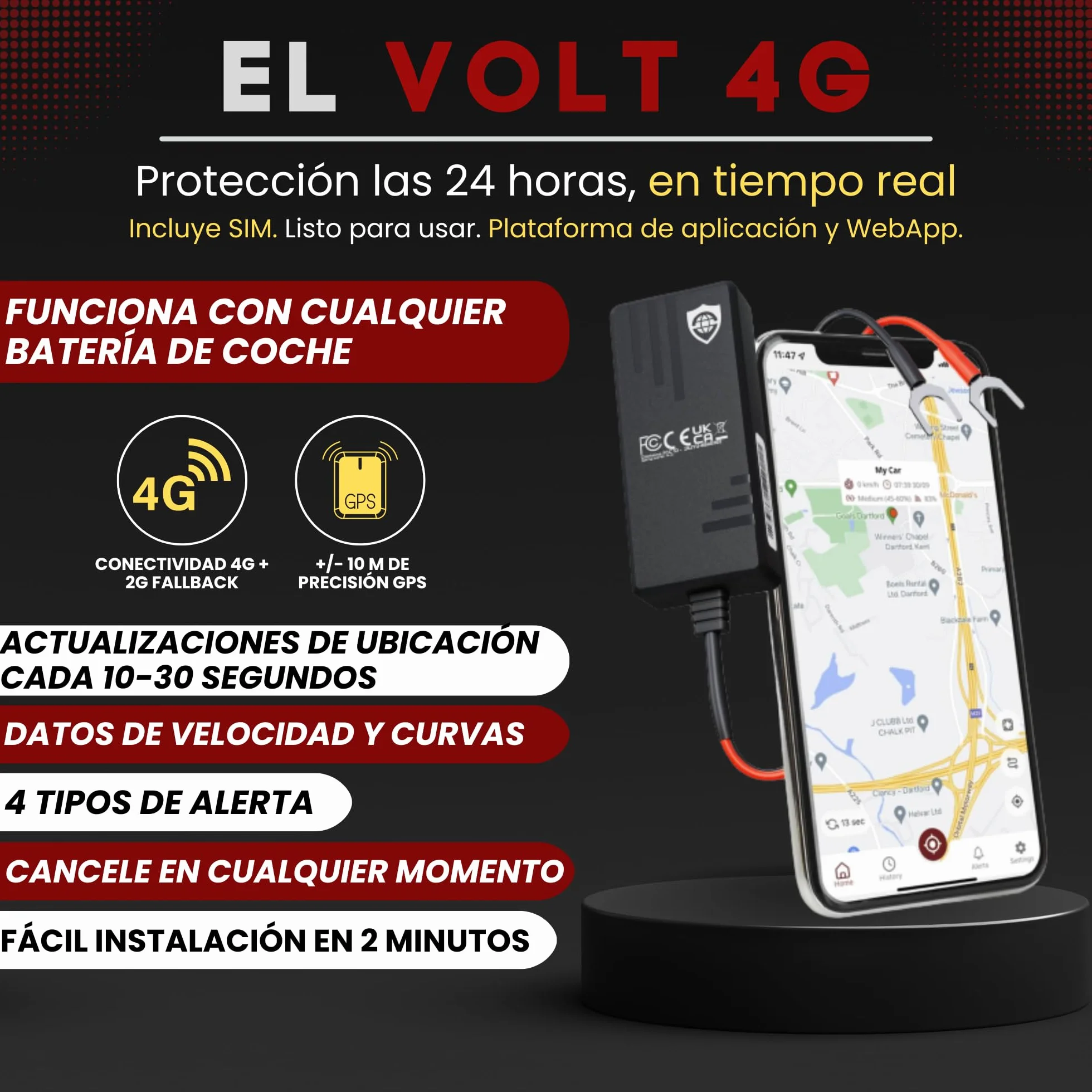 SafeTag Volt 4G LTE GPS Tracker Vehículo Seguimiento Tiempo Real 12-24V