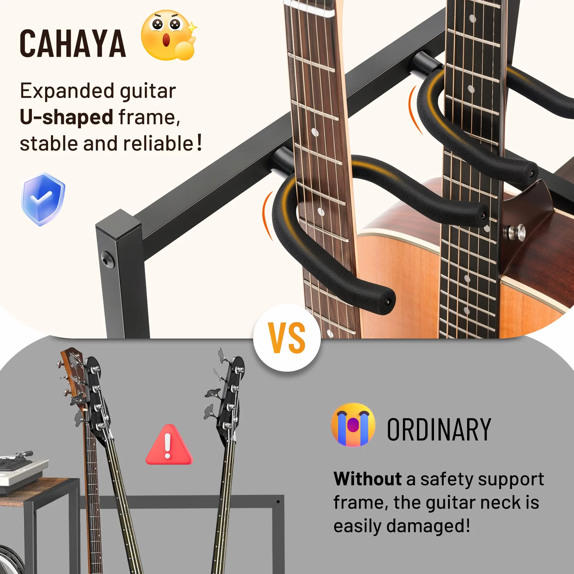 CAHAYA Soporte 4 en 1 para Guitarra Discos – Estantería para 200 LPs con soporte para 2 guitarras – Almacenamiento para Tocadiscos, Guitarra Acústica, Eléctrica Bajo