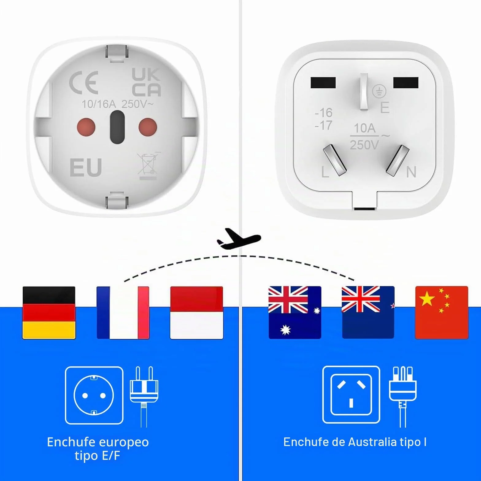 2 Piezas Adaptador Enchufe Australia Tipo I, Adaptador Enchufe Español/Europeo a Australia, Diseño Compacto, Viajeros Internacionales a Australiano/China/Argentina/Nueva Zelanda