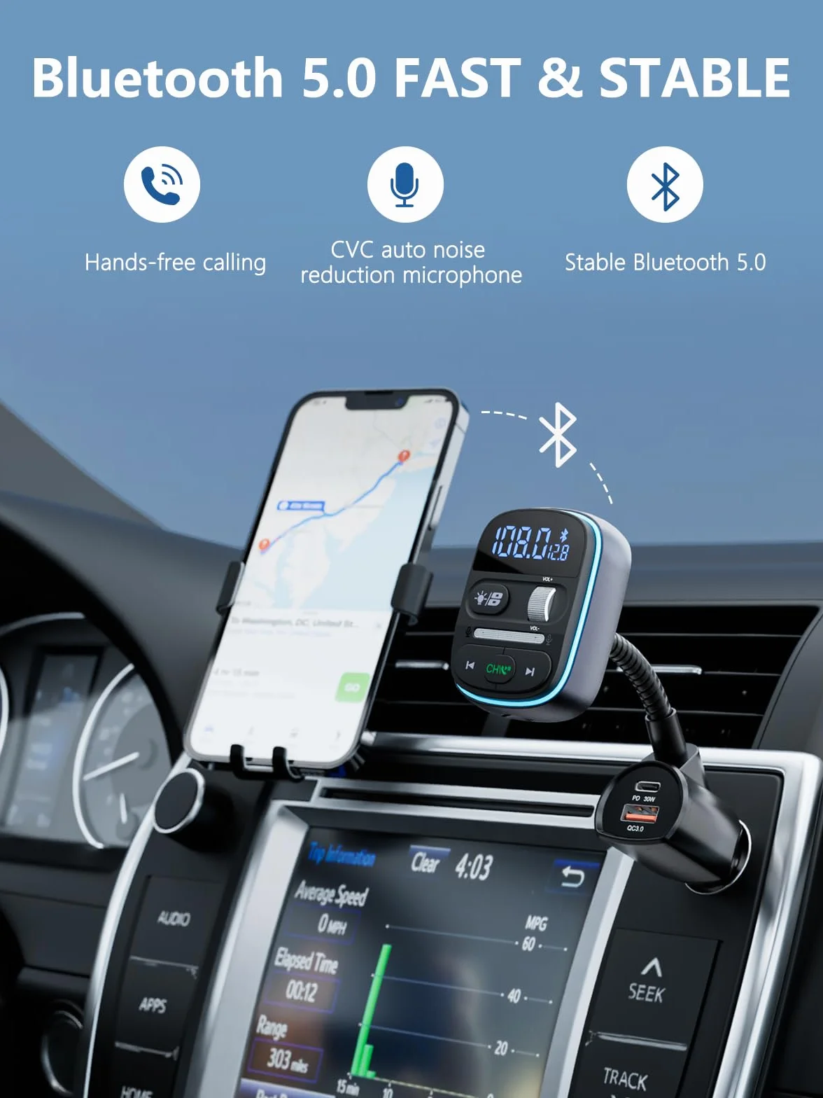 LENCENT Transmisor FM Bluetooth 5.0 para Coche, Adaptador Radio Carga Rápida PD 30W QC3.0, Manos Libres, Reproductor MP3 USB TF