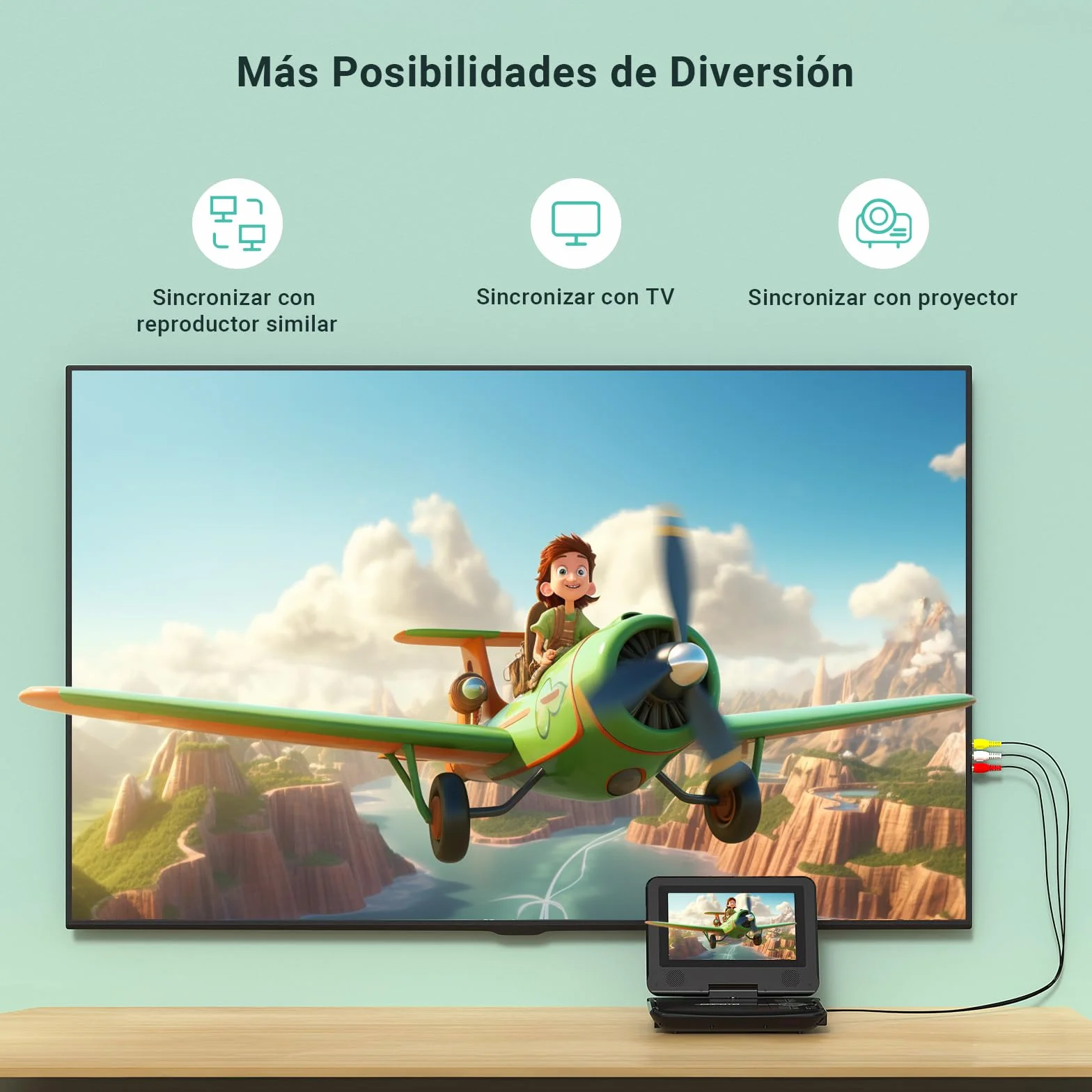 POFOTO Reproductor DVD portátil 9,5'' Pantalla giratoria HD 7,5'' 6h Autonomía Altavoz estéreo Discos/SD/USB Sincronización TV Antigolpes Negro