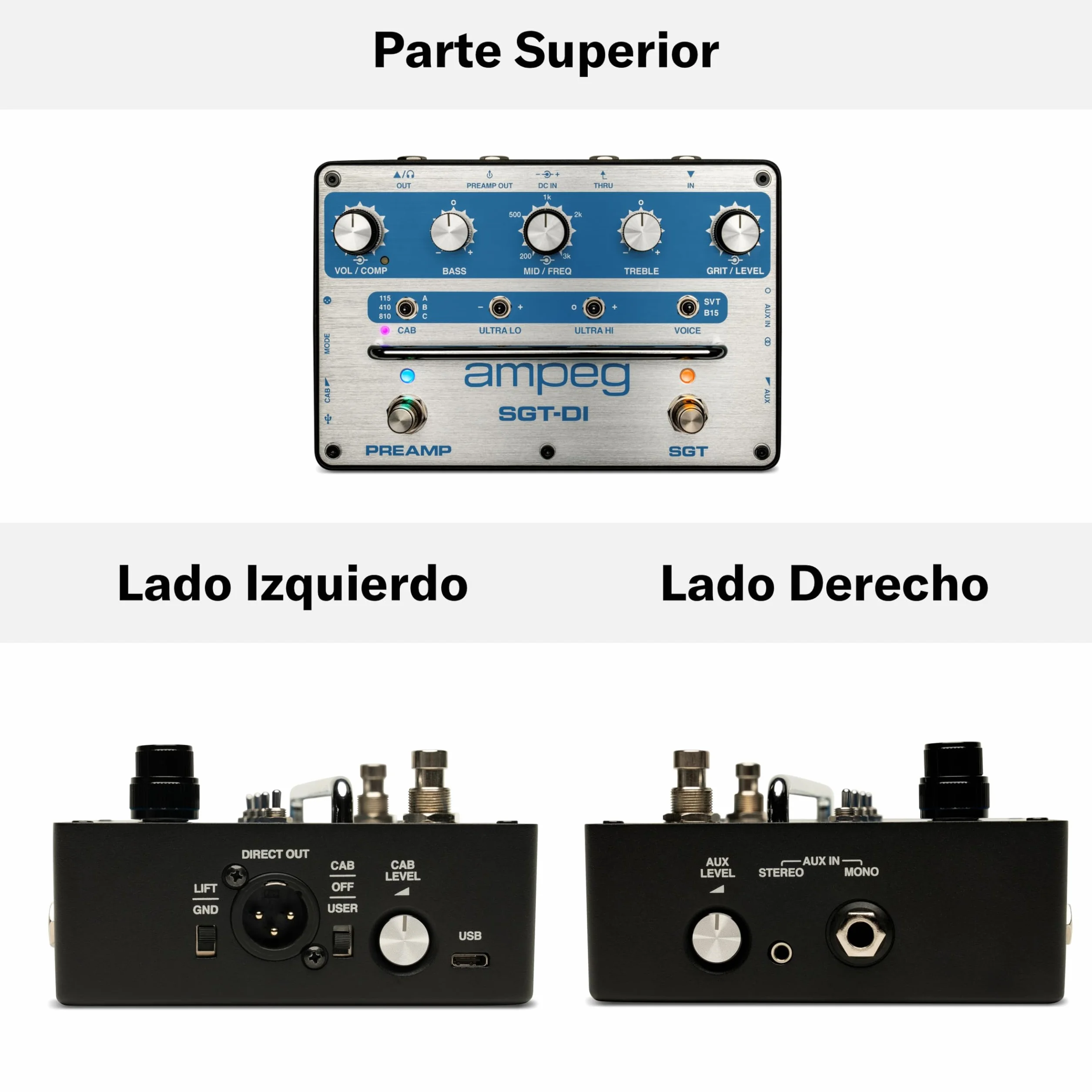 AMPEG SGT-DI Bass Preamp Blue Line Anniversary Edition-Preamplificador Ampeg conmutado por pedal con voicings SVT/B15, IR Loader, EQ de 3 bandas con medios barribles, compresor y filtros Ultra-Hi/Lo
