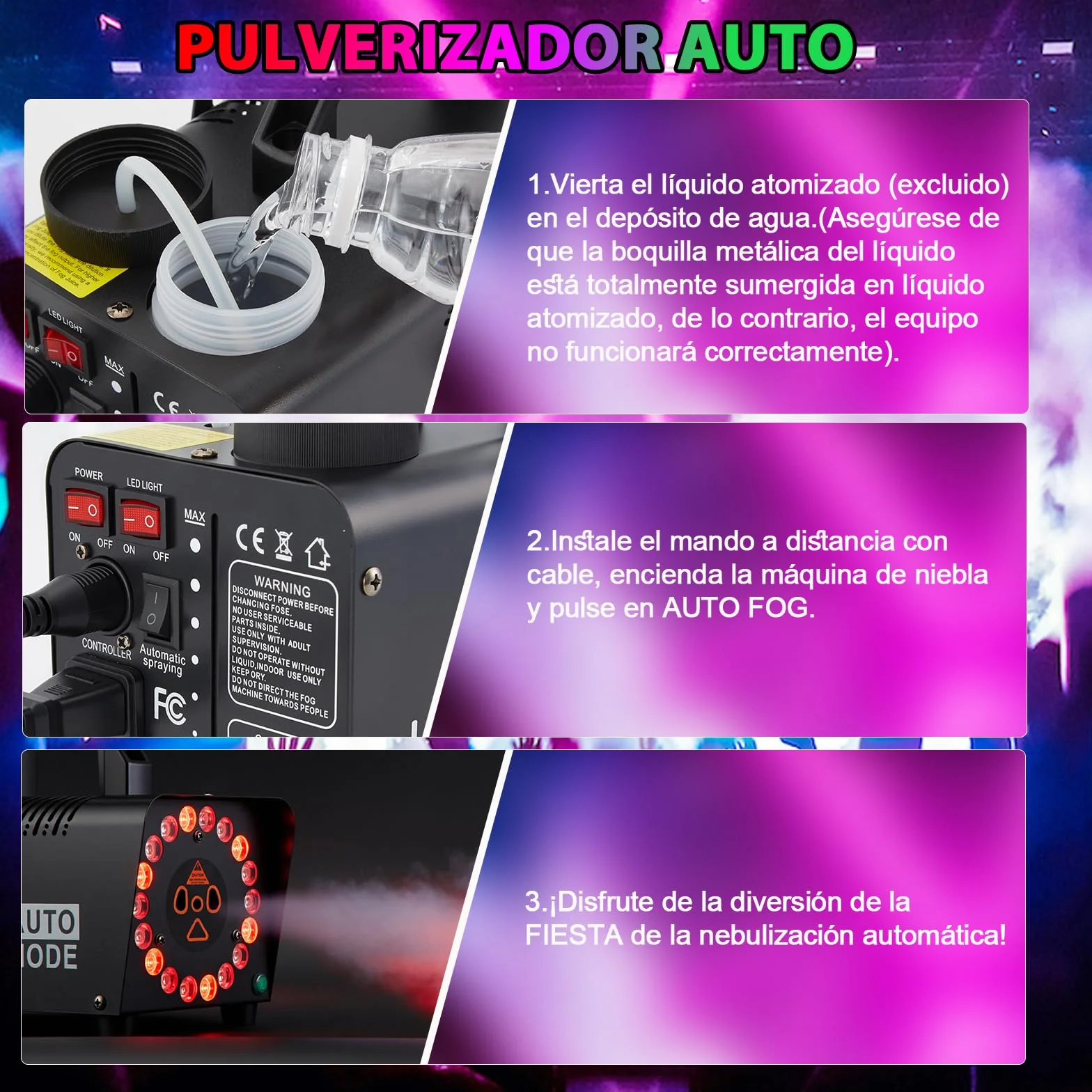 Hakuta Máquina de Niebla con 18 Luces LED, Mando a Distancia, Función Automática - Efecto Humo para Fiestas, Eventos en Interiores, Decoración Hogar (Negro)