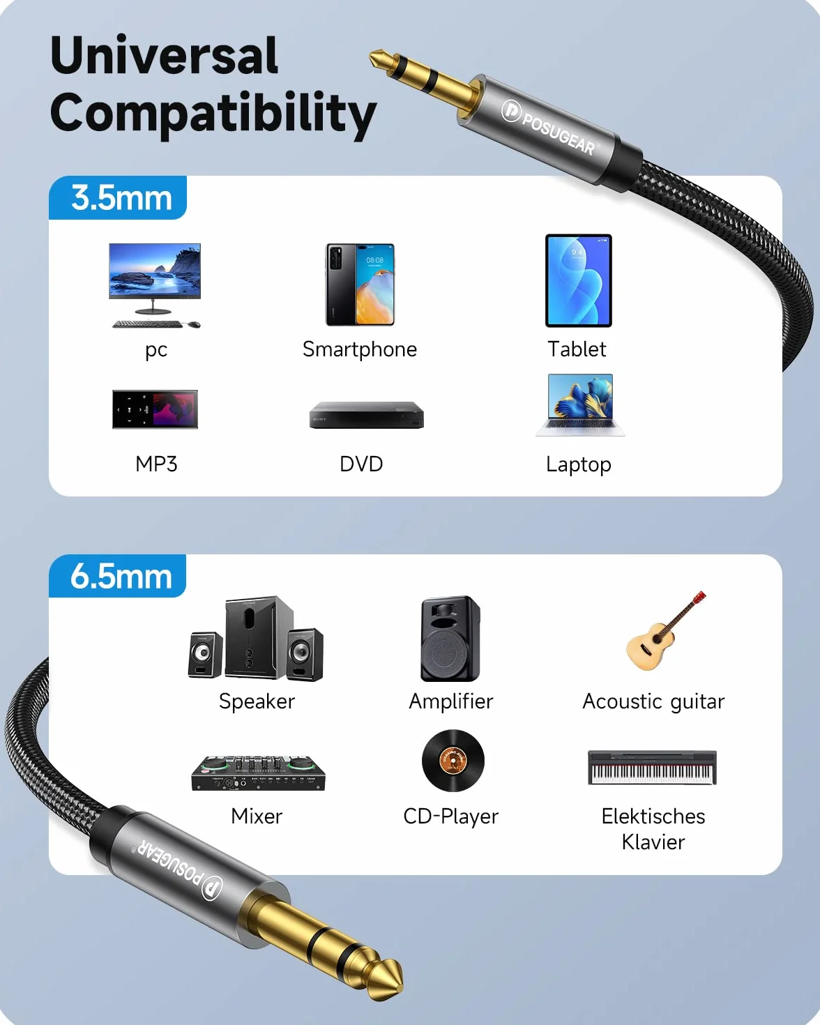 POSUGEAR Cable de 6.35mm a 3.5mm - 2M, Nylon Trenzado 3.5mm a 6.3mm Cable Audio Estéreo HiFi Macho a Macho para Reproductores de MP3, PCs, Amplificadores, Mesas de Mezclas, Ordenadores- 2M