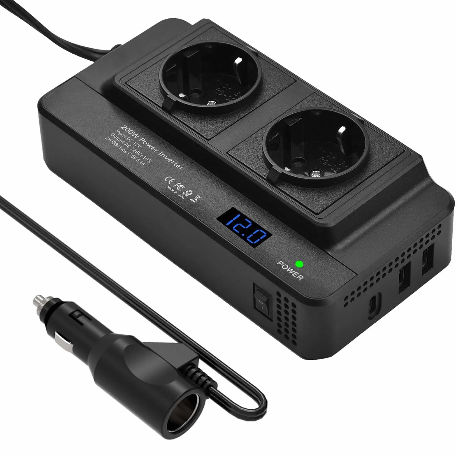 Transformador de voltaje para coche, 200 W, 12 V a 230 V, con 2 enchufes de carga y dos puertos USB, adaptador para encendedor de cigarrillos para viajes de negocios y vacaciones