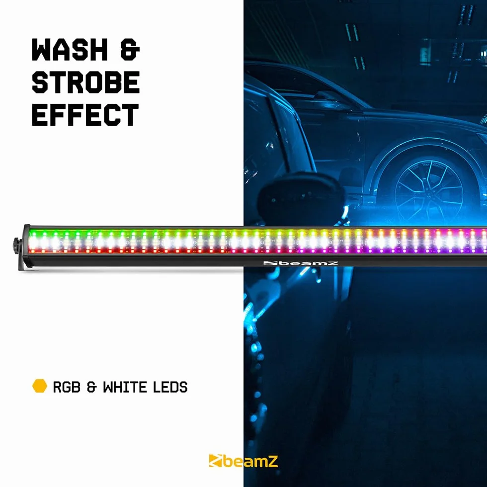 BeamZ LCB288 - Barra LED RGB+Blanco con 288 LEDs SMD, efectos wash y estrobo, control DMX, maestro/esclavo, secciones 3x16, iluminación profesional para DJ, fiestas, escenarios y discotecas