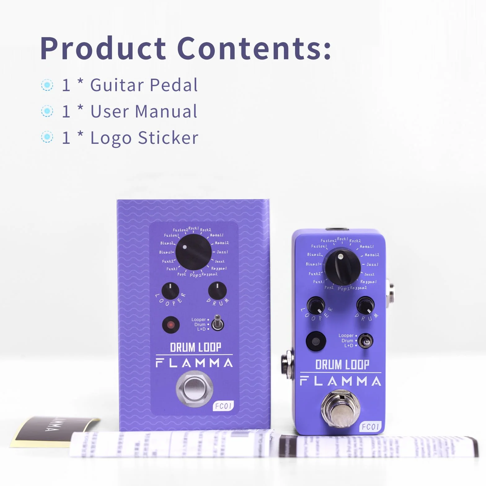 FLAMMA FC01 Looper - Máquina de tambor 2 en 1, pedales de guitarra Looper de batería, 20 minutos de tiempo de bucle con 16 ranuras de tambor, tempo de grifo, mini pedal de efectos de guitarra de 44.1