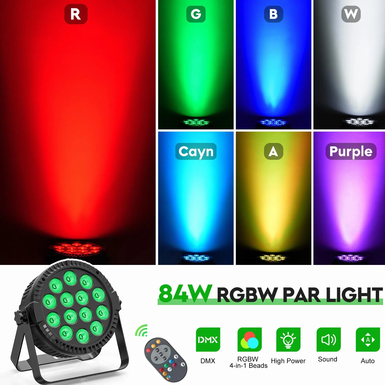 Juego de 4 focos LED par de 84 W con bolsa, 14 LED, luz de escenario, luz de fiesta, RGBW 4 en 1, DMX512, con mando a distancia, iluminación para escenario, DJ, fiesta, espectáculo, bar, Halloween,