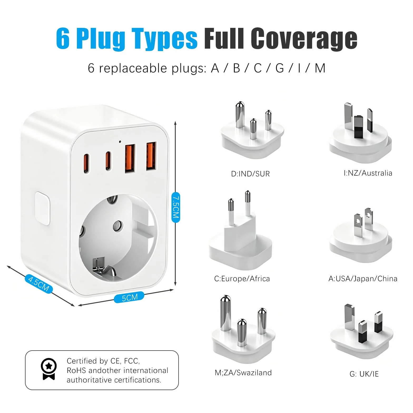 Adaptador de Viaje Universal, 2500W 4 USB (2 USB-C+2 USB-A) con 6 Enchufes Intercambiables A/C/G/I/D/M, para USA, Japón, Reino Unido,Europa,Australia,China,Japón,Sudáfrica