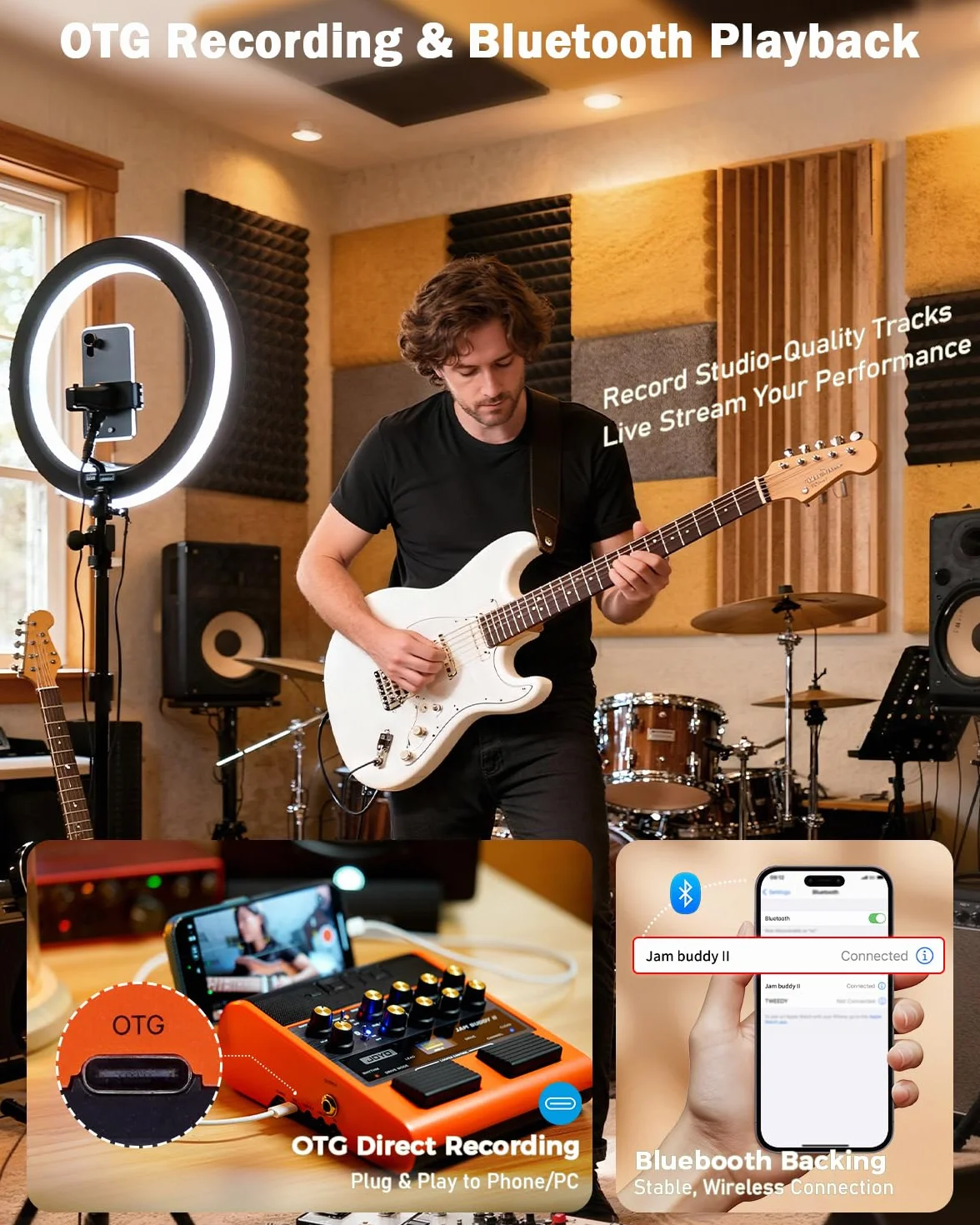 JOYO - Amplificador de entrenamiento de guitarra portátil de 10 W con pedal multiefecto, grabación OTG, Bluetooth, 14 modelos de amplificador, ecualizador de 3 bandas, 36 ritmos y Looper (Jam Buddy II