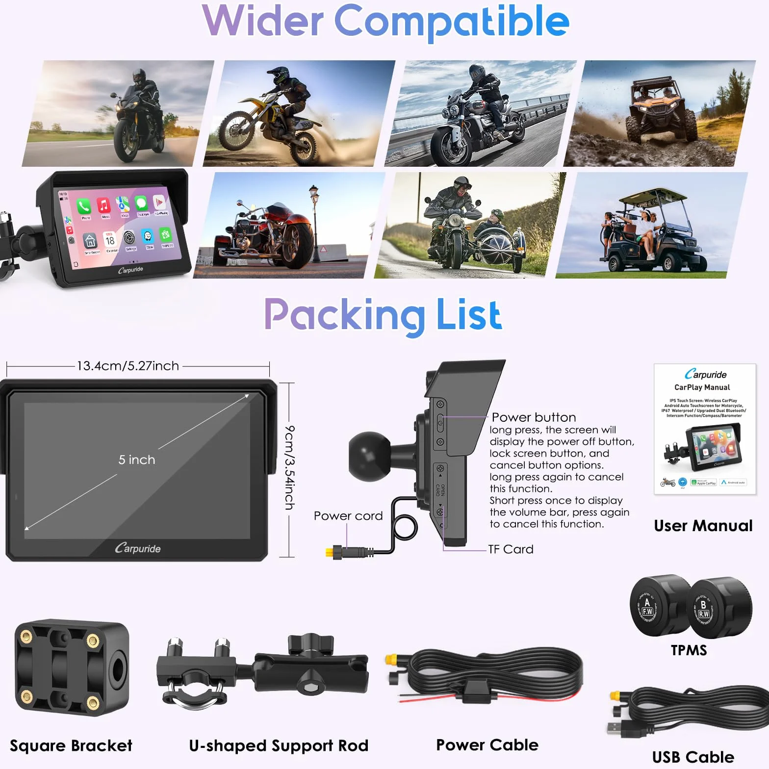 Carpuride W502TPRO Motocicleta CarPlay Android Auto TPMS Bluetooth GPS 5 Pulgadas Impermeable