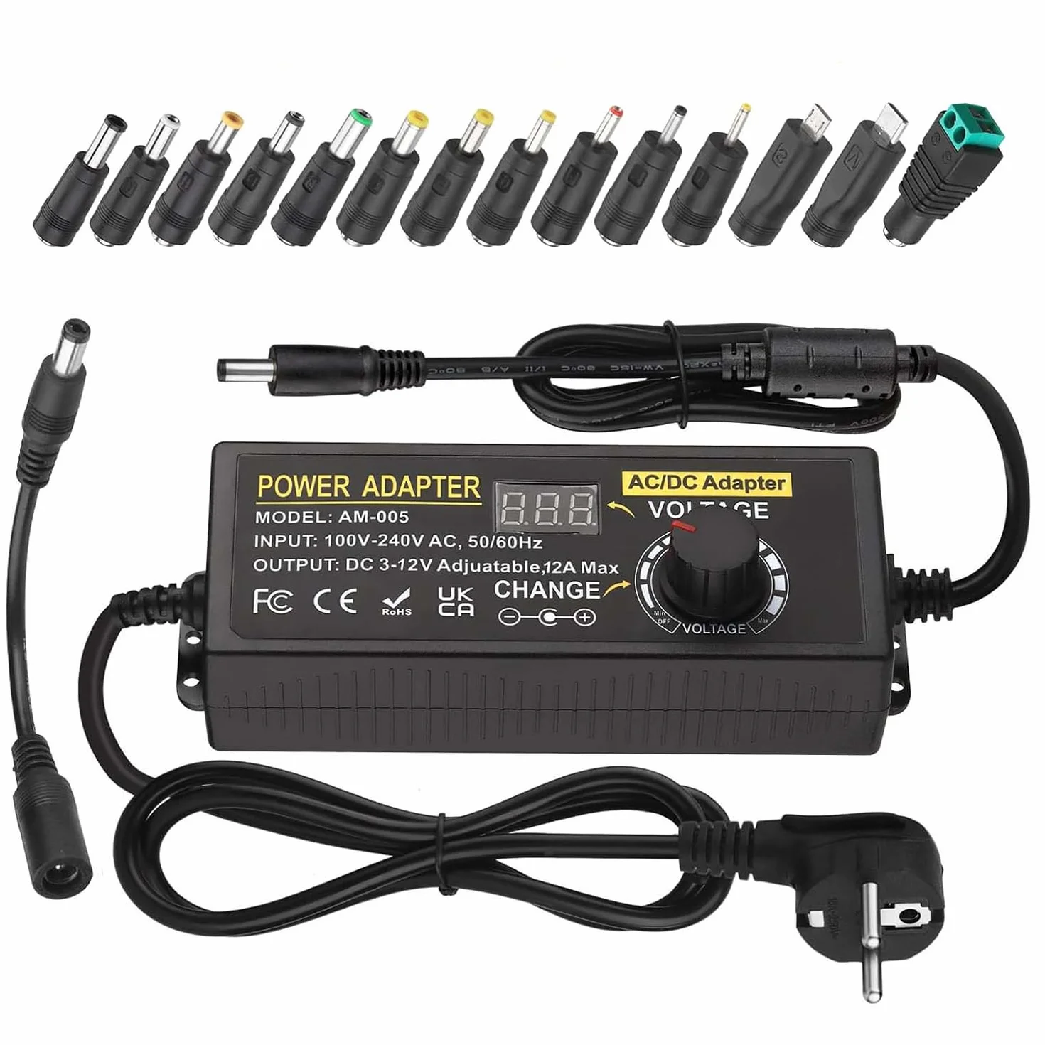 Adaptador Universal Ajustable de 100 V-240 V CA a CC 3 V-12 V 12 A, Adaptador de Corriente Ajustable con 14 Puntas y Cable de Polaridad