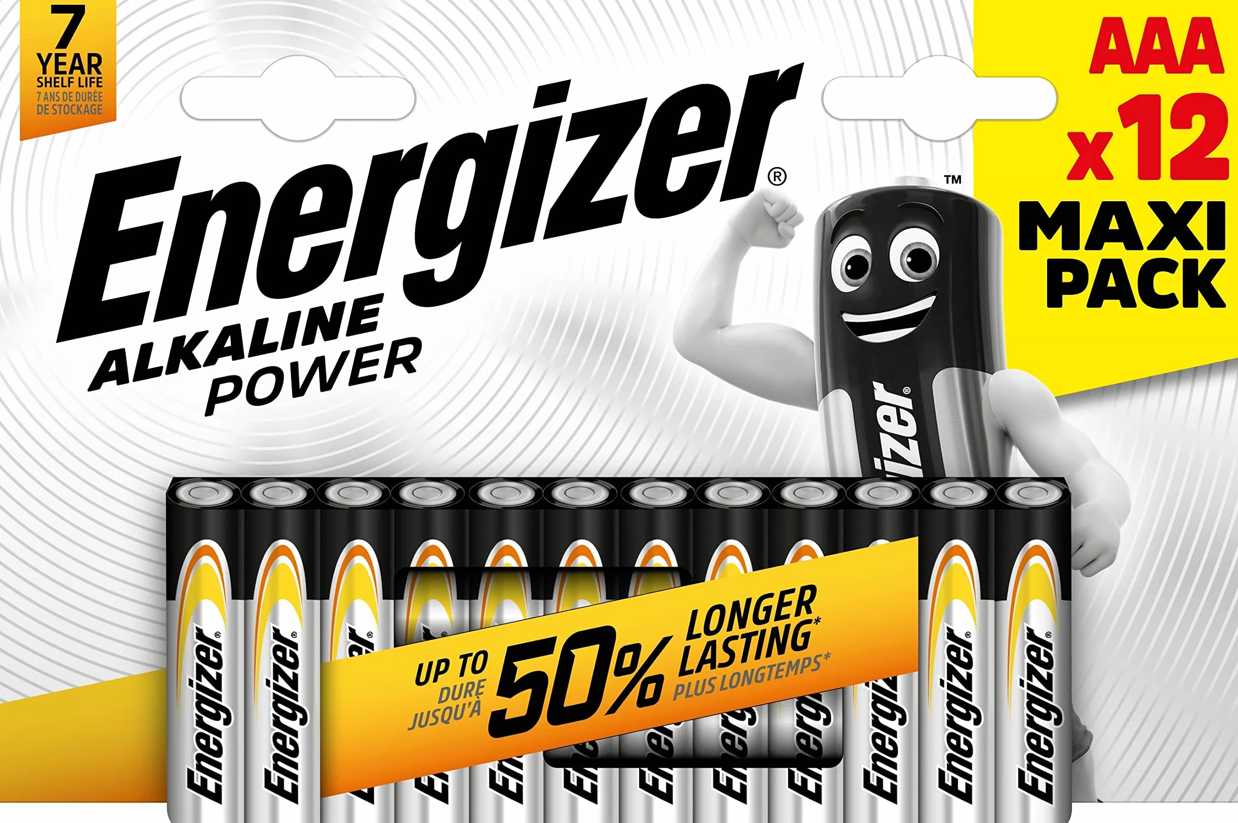 Energizer Alkaline Power Pilas AAA Pack 12 Larga Duración 7 Años Vida Útil
