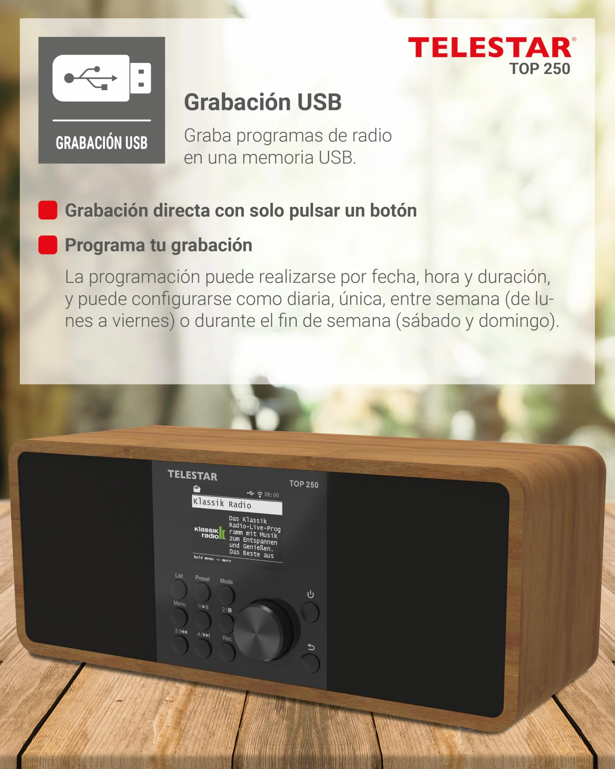 TELESTAR Top 250 – Dab+/Radio por Internet (estéreo, 2 × 10 W, Bluetooth Audio-Streaming & función de envío, grabación USB, Sistema de Emergencia, Control por App) – Madera