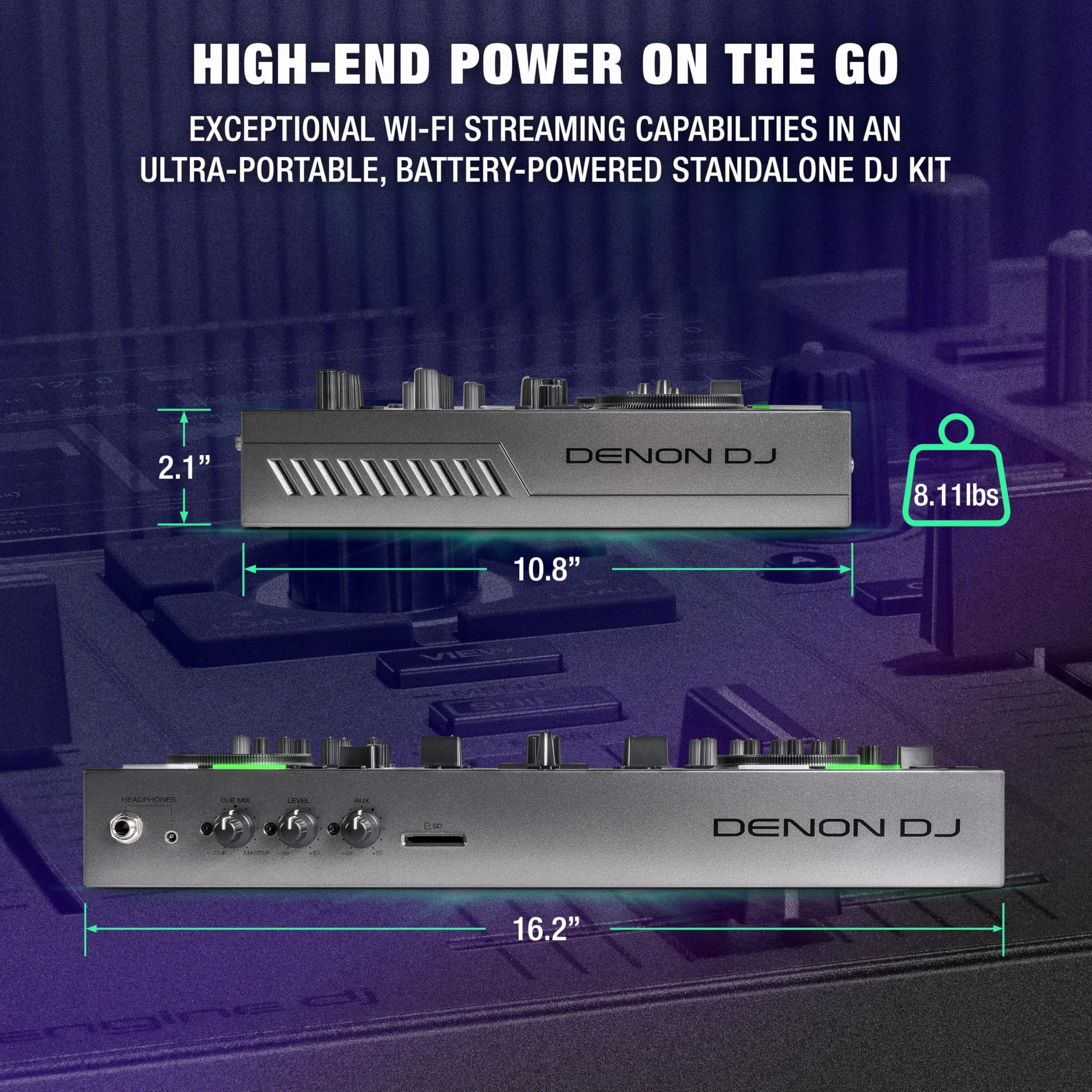 Denon DJ PRIME GO+ Controlador DJ Portátil Autónomo con Bateria Recargable, Pantalla de 7", Mezclador con Separación de Stems, Streaming por Wifi y Bluetooth