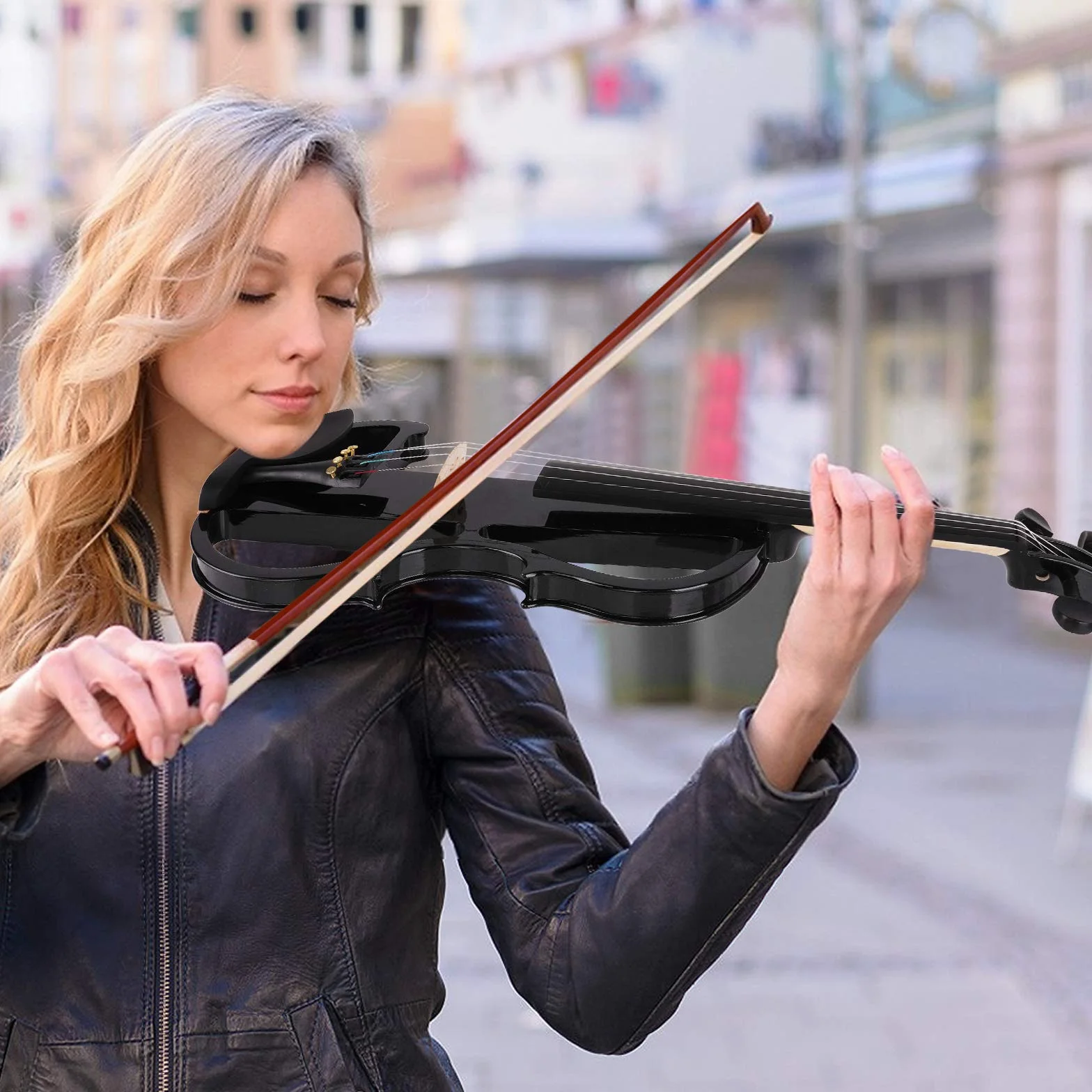 Vangoa Violín eléctrico de tamaño completo 4/4, violín eléctrico silencioso negro de madera maciza con accesorios de ébano, kit para principiantes para adultos y adolescentes