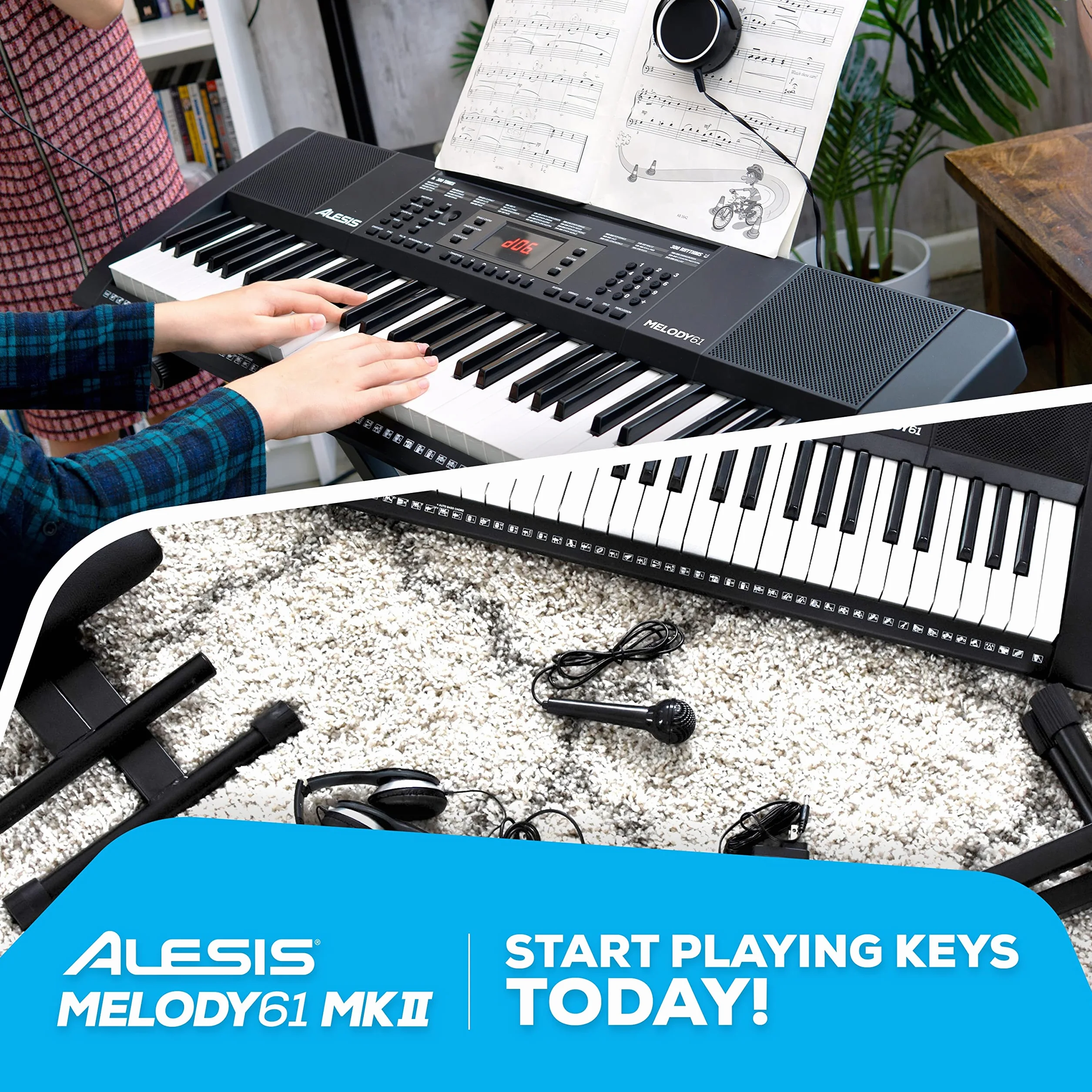 Alesis Melody 61 - Teclado de piano electrico para principiantes con altavoces, soporte, banqueta, auriculares, micrófono, atril, 300 sonidos y lecciones de música, Modelo Antiguo