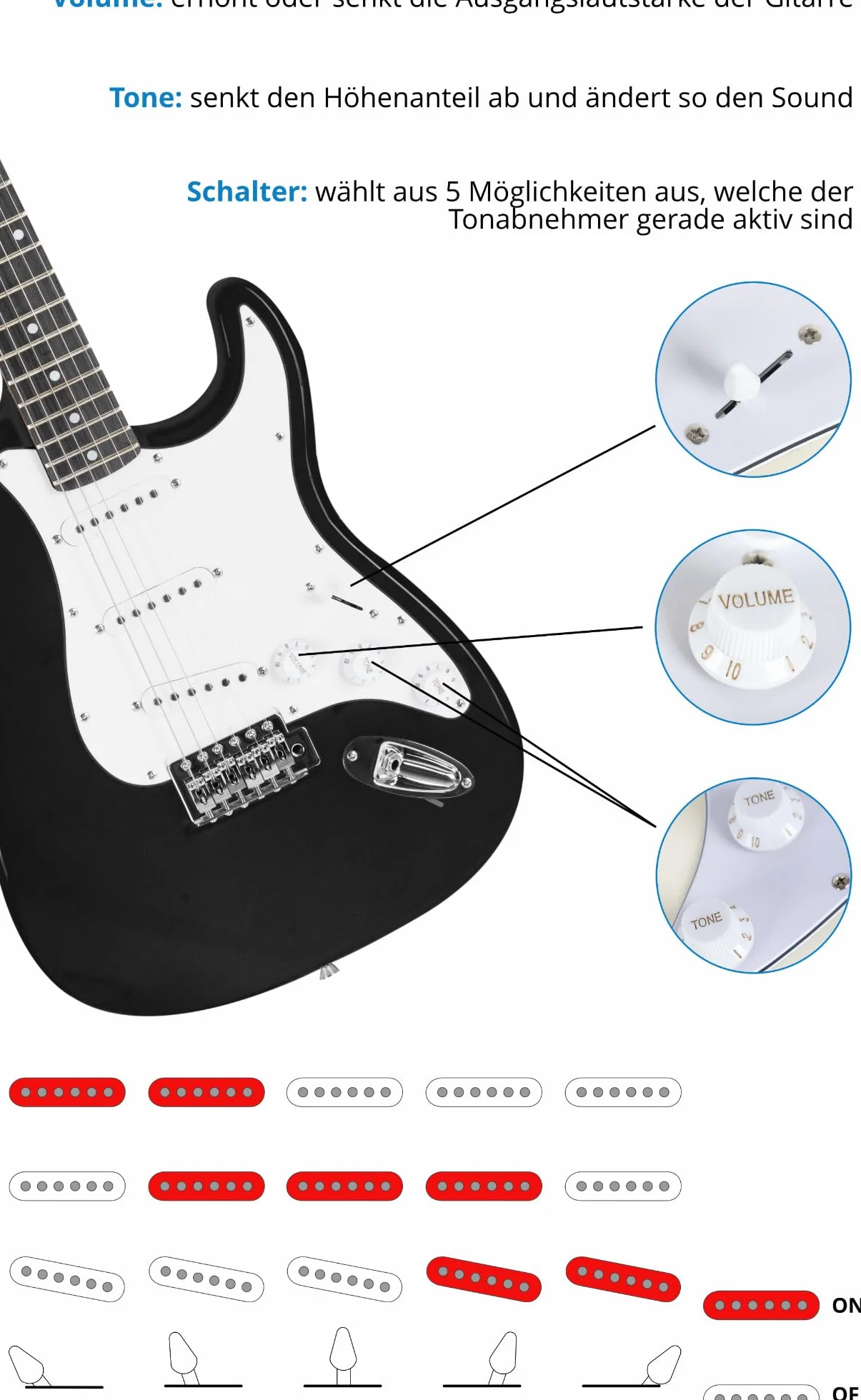 McGrey Rockit ST Set Completo E-Guitarra (set para principiantes de 8 piezas con guitarra, amplificador, cuerdas de repuesto, funda para guitarra, afinador, púas, correa y cable de guitarra) Negro