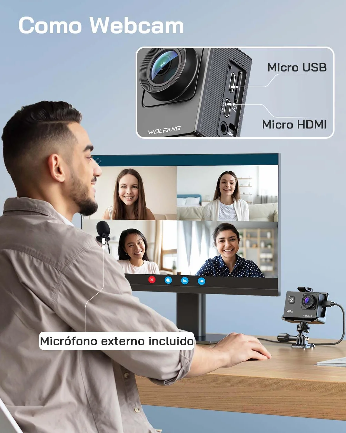 WOLFANG Cámara Deportiva 4K 30FPS GA100 32GB MicroSD 20MP Impermeable 40M WiFi Micrófono Dual 170° Gran Angular EIS