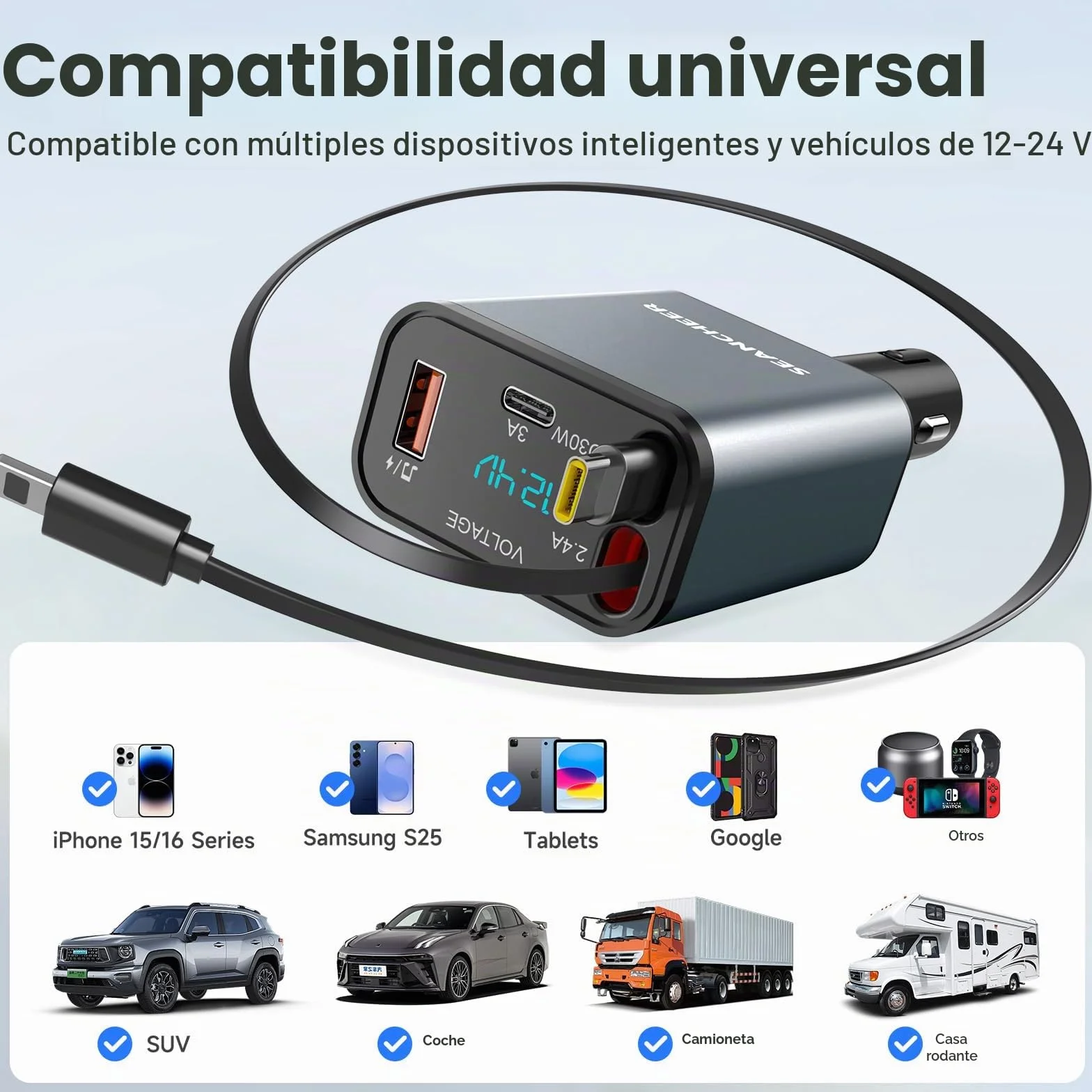 SEANCHEER Cargador Coche USB C Transmisor FM Bluetooth, Cargador Mechero 69W 2 Cables Retráctiles, Bluetooth 5.3, USB Mechero 24V/12V (Gris [C+Lightning])