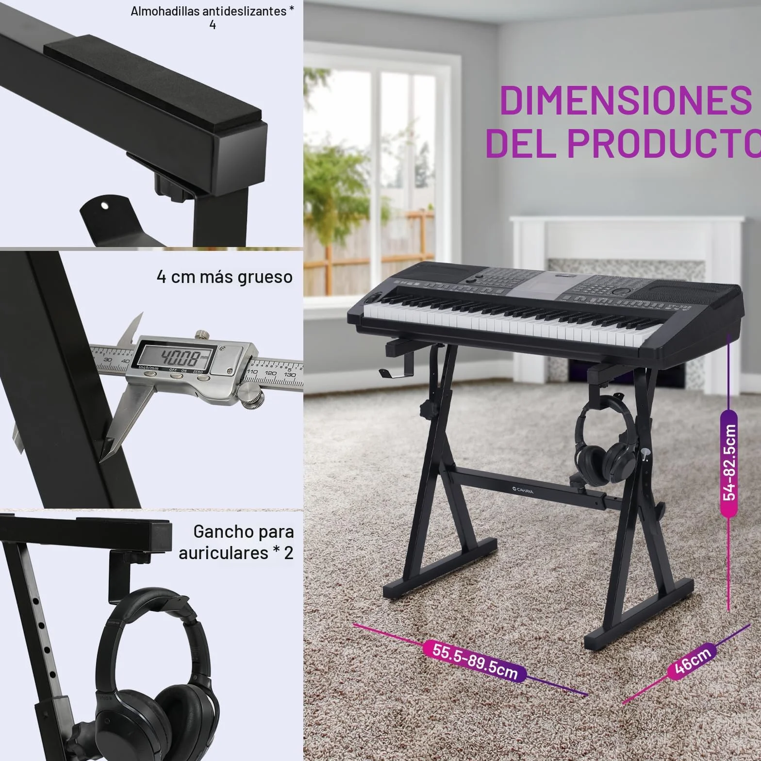 CAHAYA Soporte Teclado Eléctrico Resistente en Z: Ajustable en Altura y Ancho para 61 a 88 Teclas, Fácil de Montar, Base Metálica Estable para Hogar Estudio y Escenario, Negro