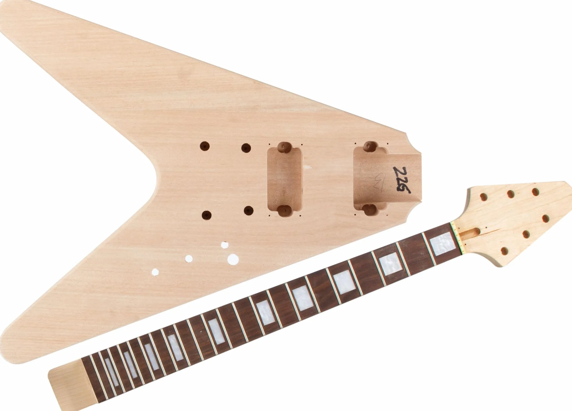 Kit de construcción guitarra eléctrica Rocktile estilo FV — DIY con cuerpo de caoba, diapasón de palisandro, 22 trastes, 2 humbuckers, clavijas DieCast, acabado natural — set de componentes