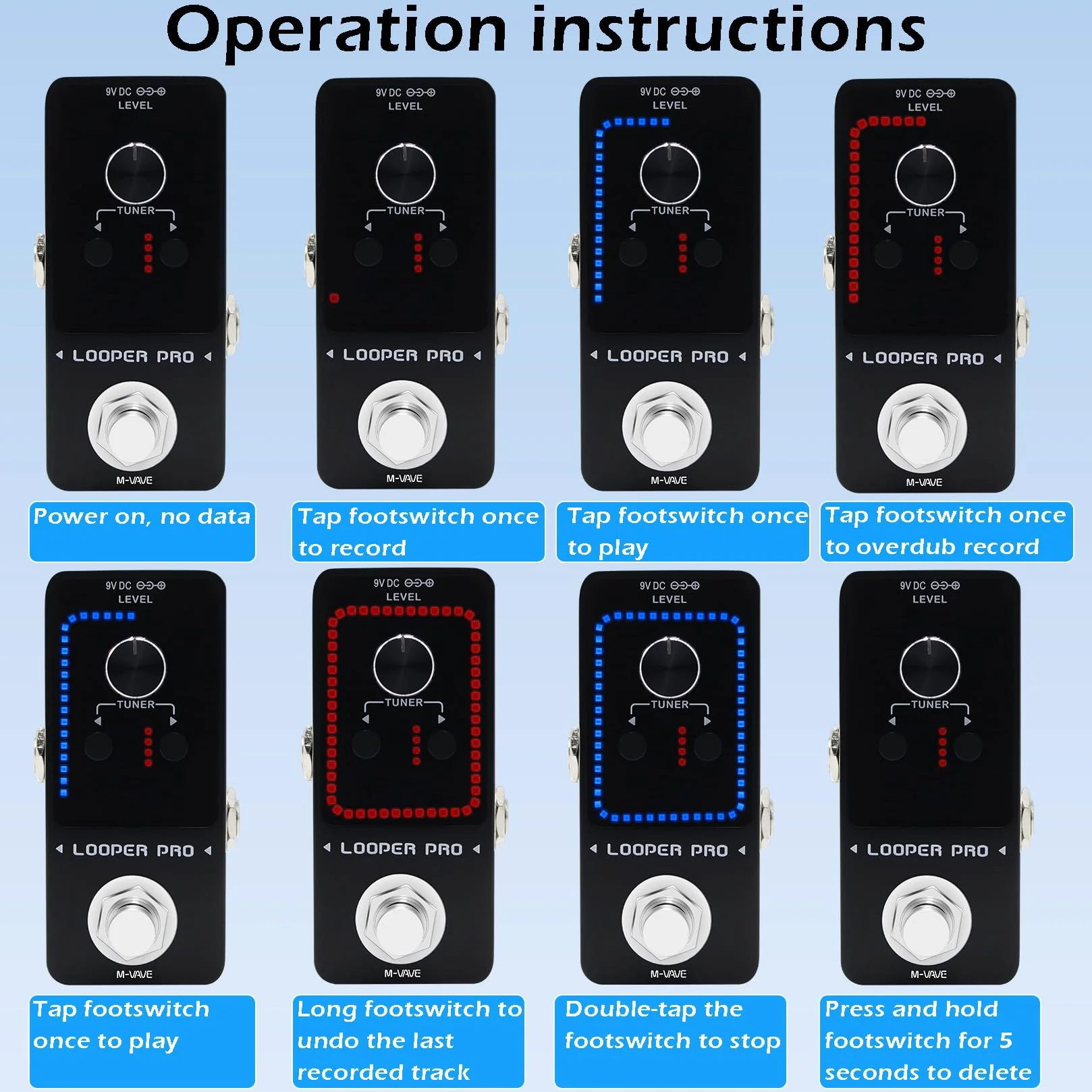 M-VAVE Loop Pedal Pro - 40 minutos de tiempo de bucle, 9 bucles, pedal profesional de guitarra con afinador para guitarra eléctrica, bucle de un solo paso, overdubs ilimitados, deshacer y rehacer