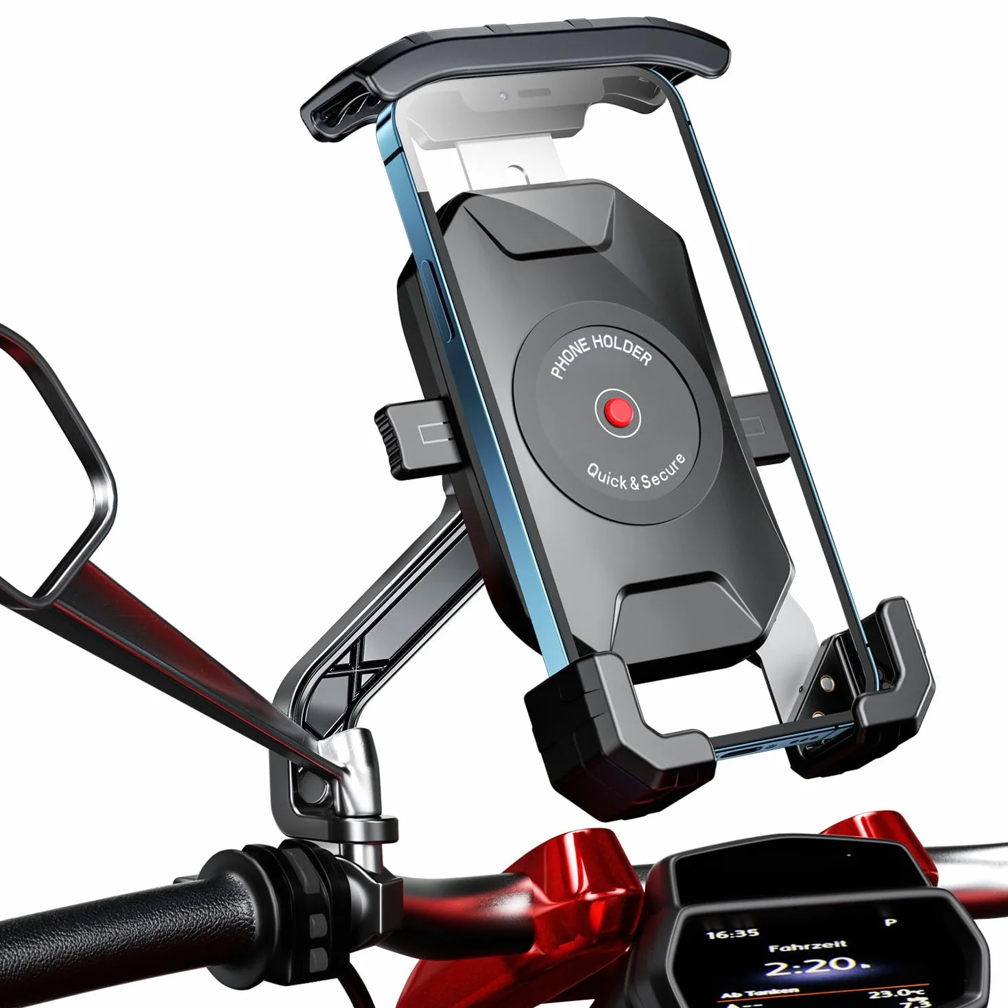WACCET Soporte Movil Moto 360° Rotación Soporte Telefono Motocicleta Durable Anti Vibración Porta Movil Scooter Retrovisor Resistente al Óxido Portamoviles Moto para Móvil 4-7 Pulgada (Negro)
