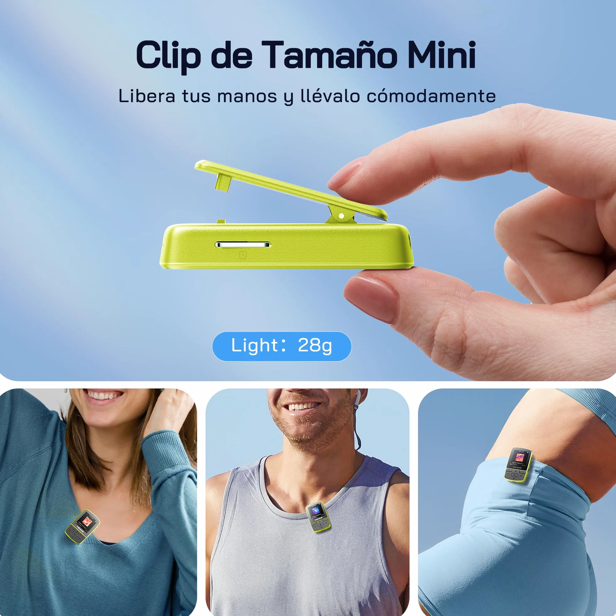 WOLFANG Reproductores de MP3 con Bluetooth 5.2, Clip Deportivo, tamaño Mini, Peso de 1 Onza, Radio FM HiF, grabadora de Voz, Auriculares incluidos, Verde Fluorescente